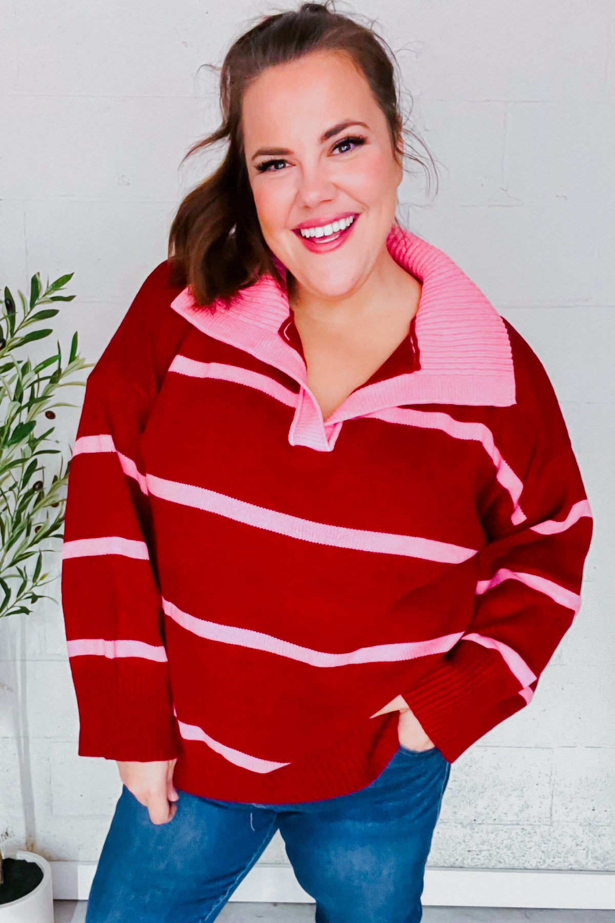 Makes You Wonder Striped Collared Sweater • Crimson