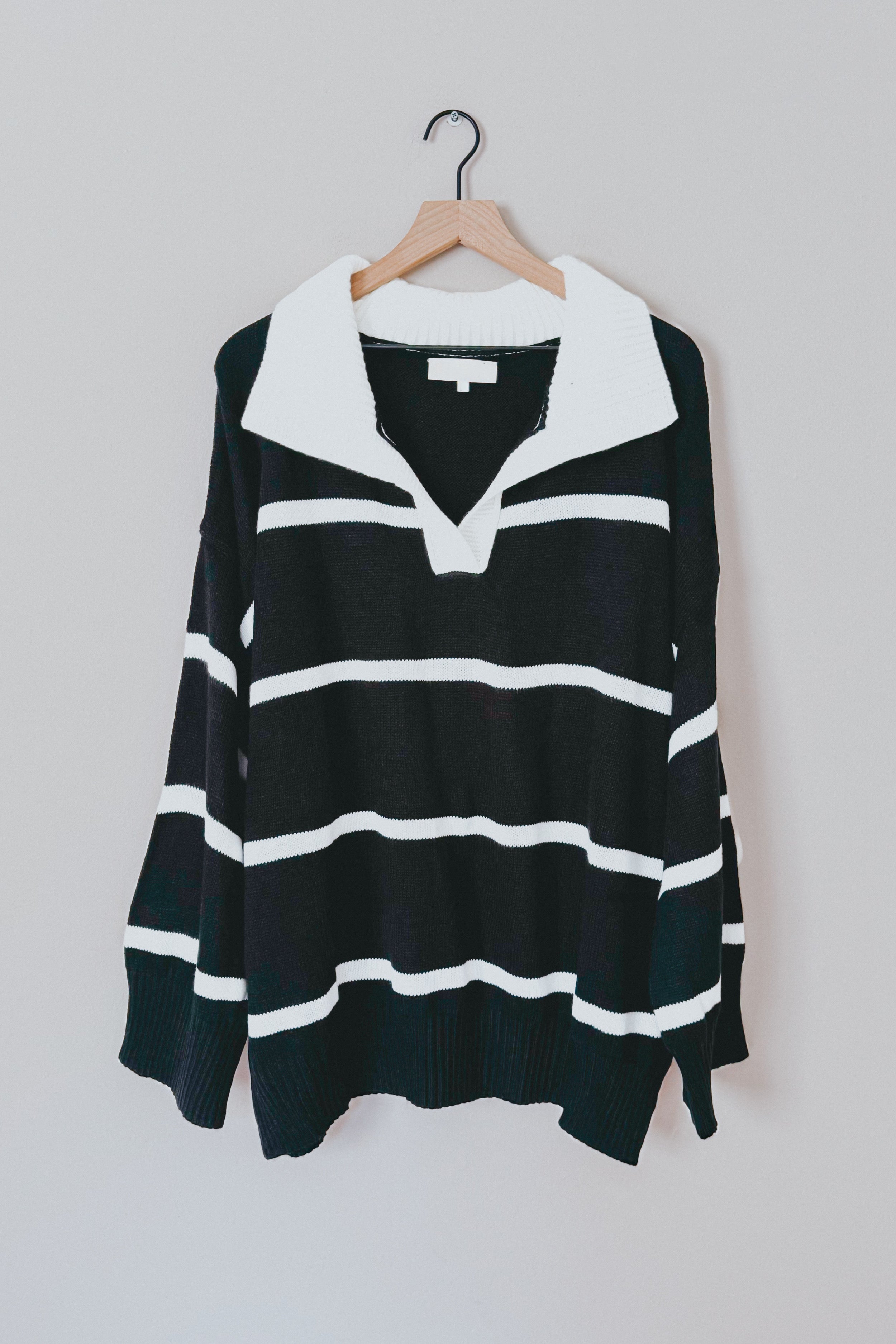 Makes You Wonder Striped Collared Sweater • Black