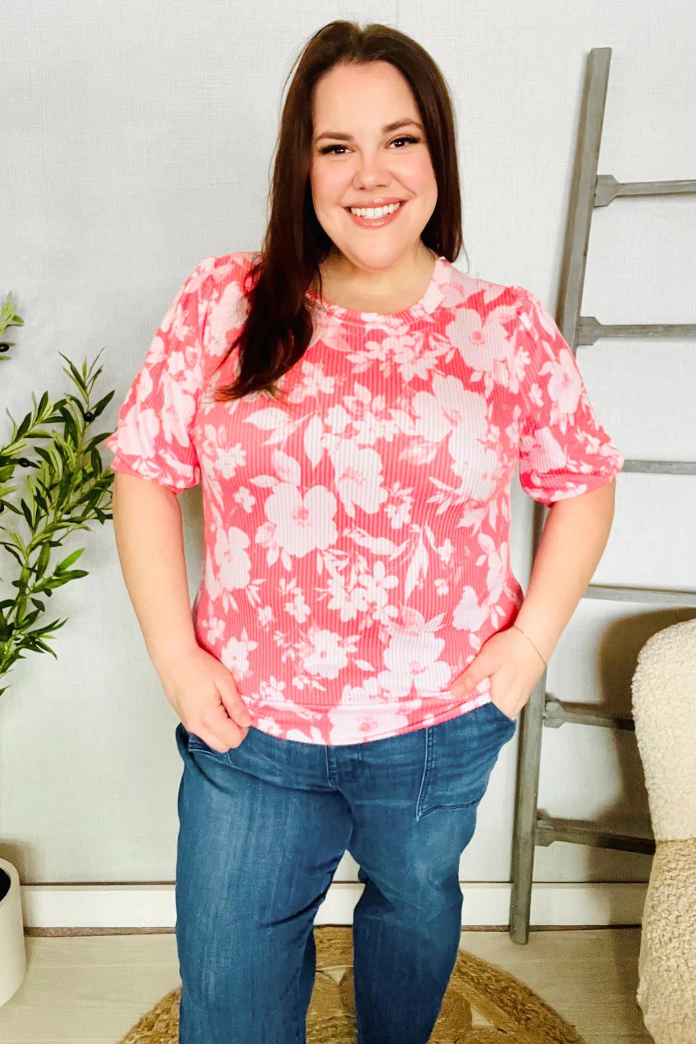 You Heard It Puff Sleeve Floral Top • Coral