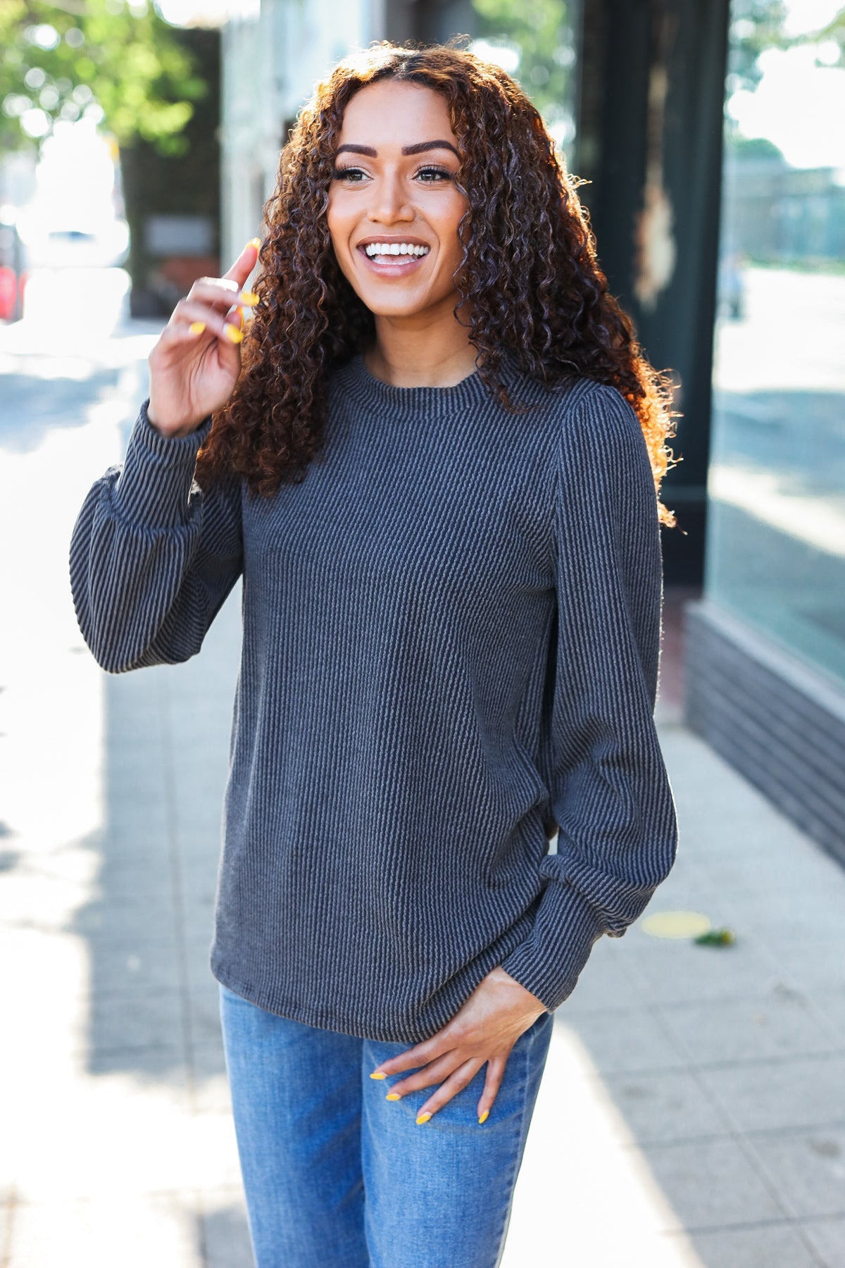 A Million Reasons Rib Knit Mineral Wash Long Sleeve Top • Charcoal