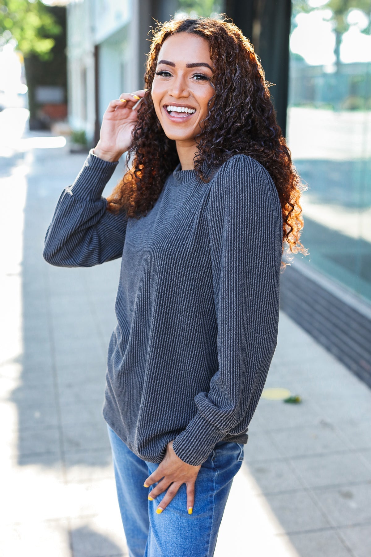 A Million Reasons Rib Knit Mineral Wash Long Sleeve Top • Charcoal