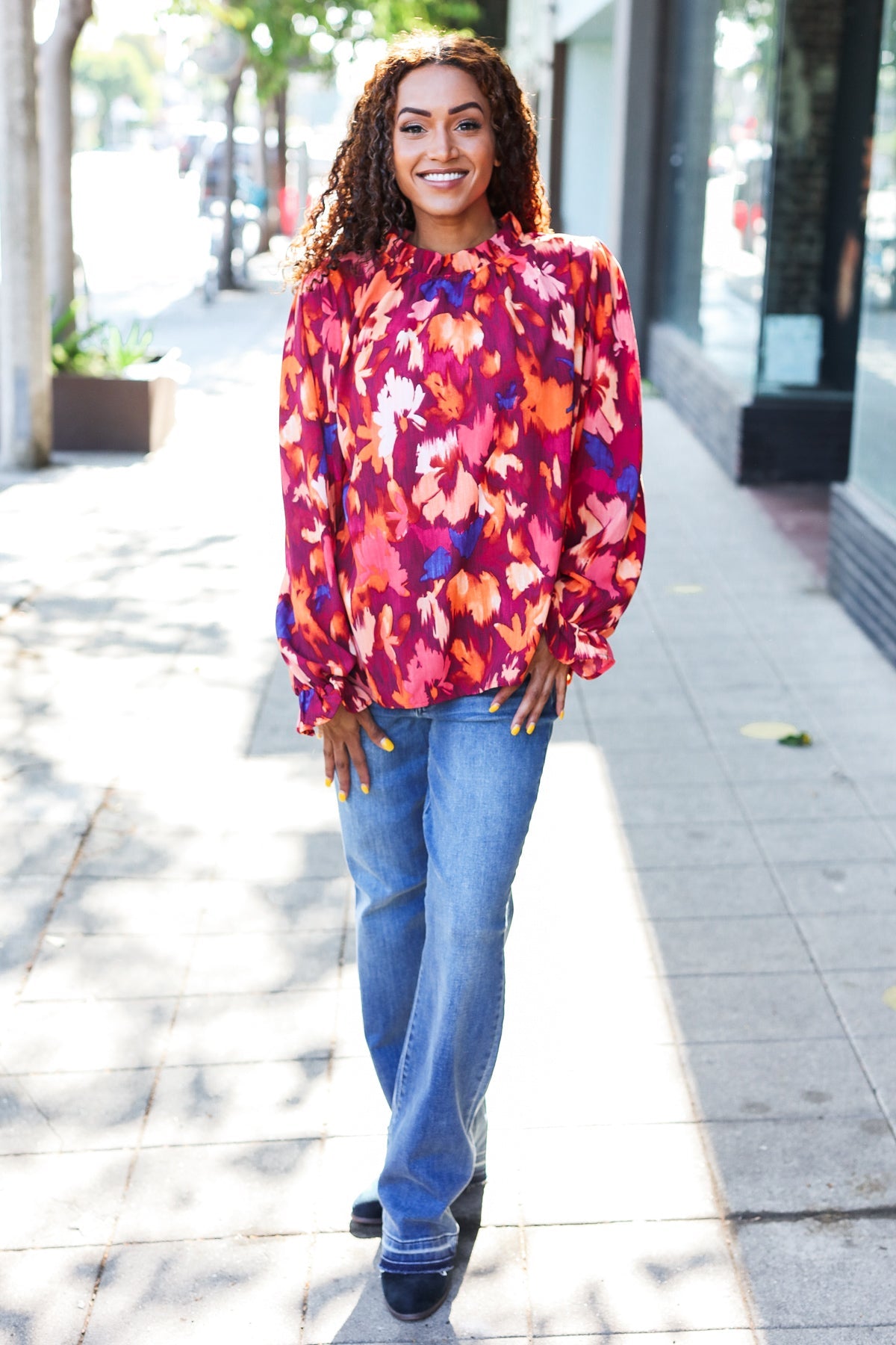 I’d Love To Floral Print Frill Mock Neck Top