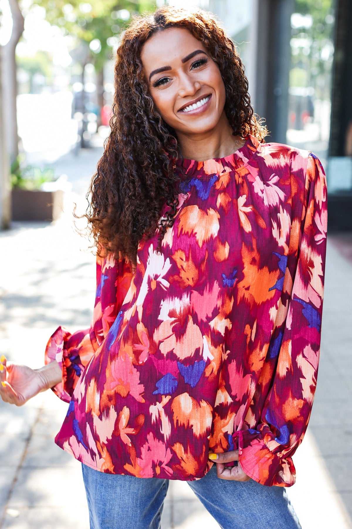 I’d Love To Floral Print Frill Mock Neck Top