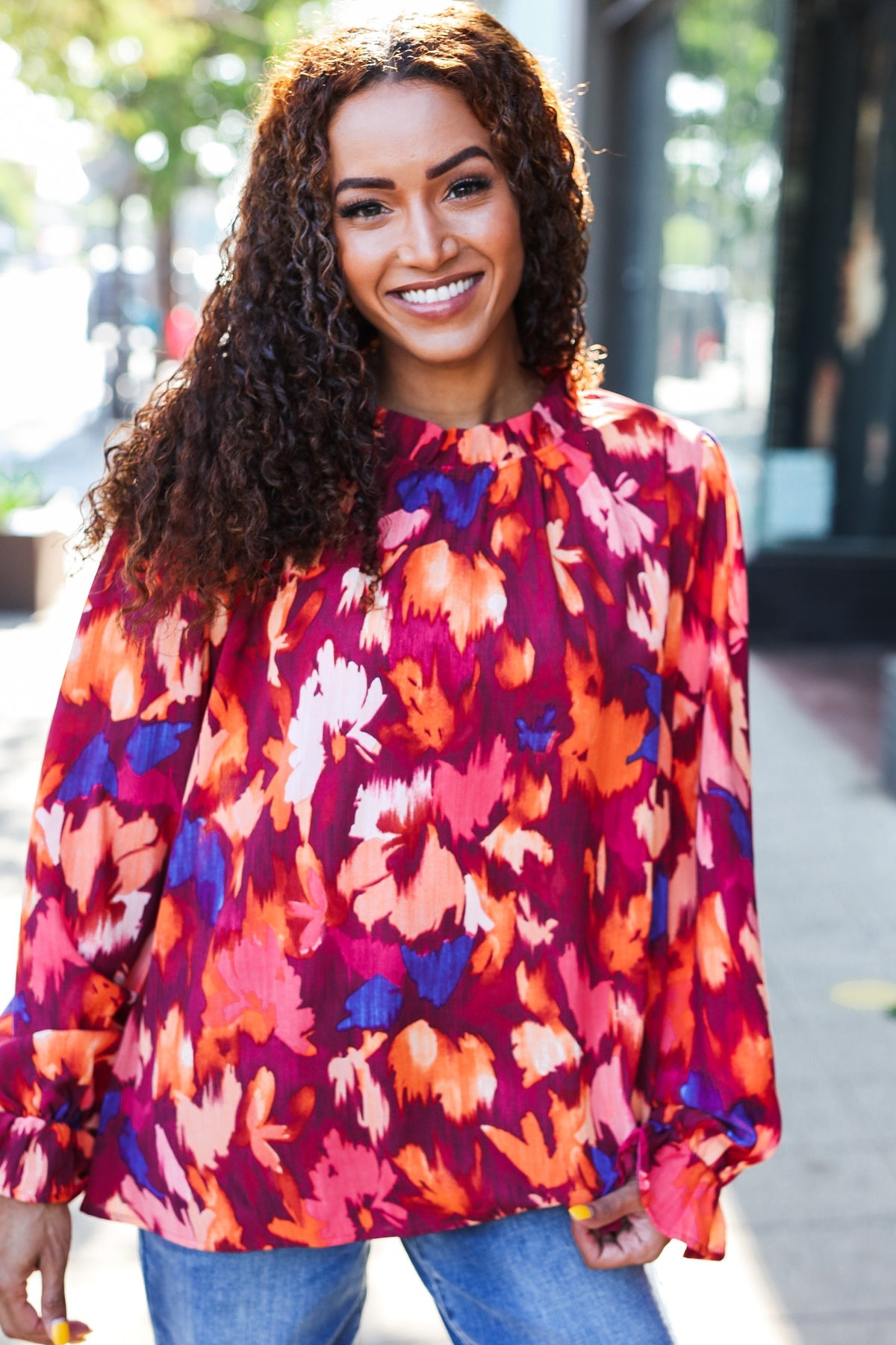 I’d Love To Floral Print Frill Mock Neck Top