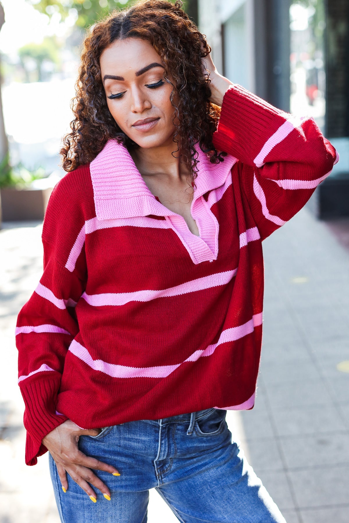 Makes You Wonder Striped Collared Sweater • Crimson