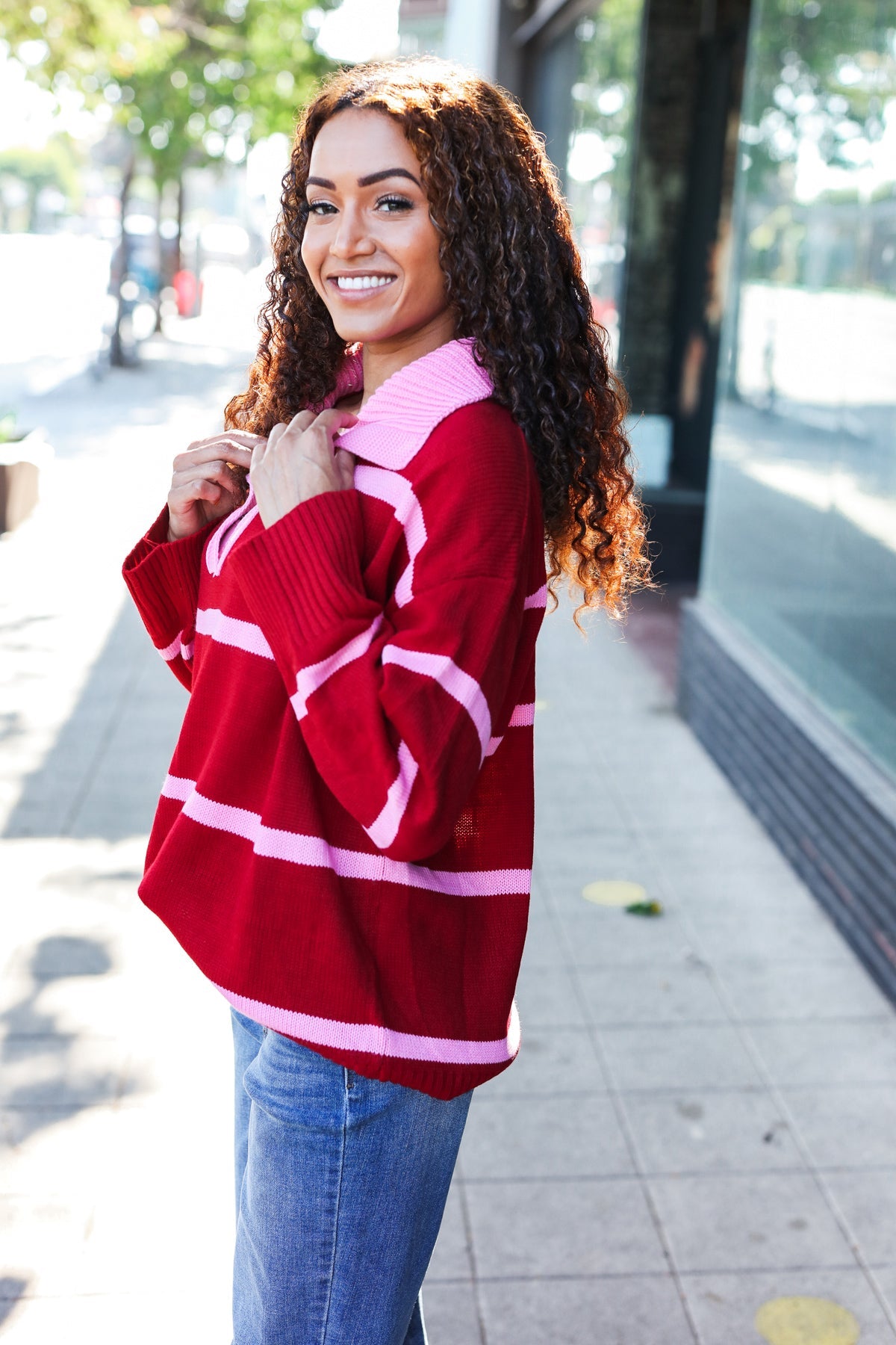 Makes You Wonder Striped Collared Sweater • Crimson