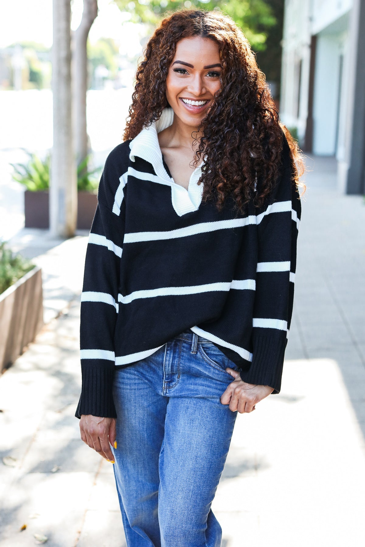 Makes You Wonder Striped Collared Sweater • Black