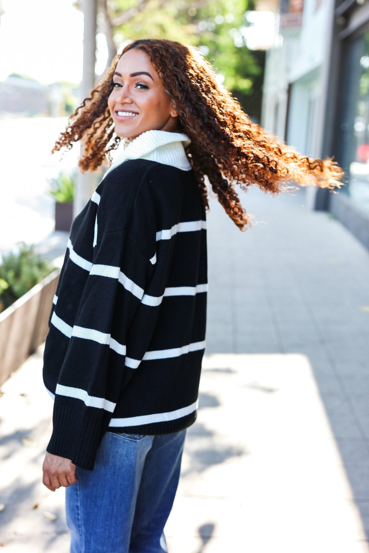 Makes You Wonder Striped Collared Sweater • Black