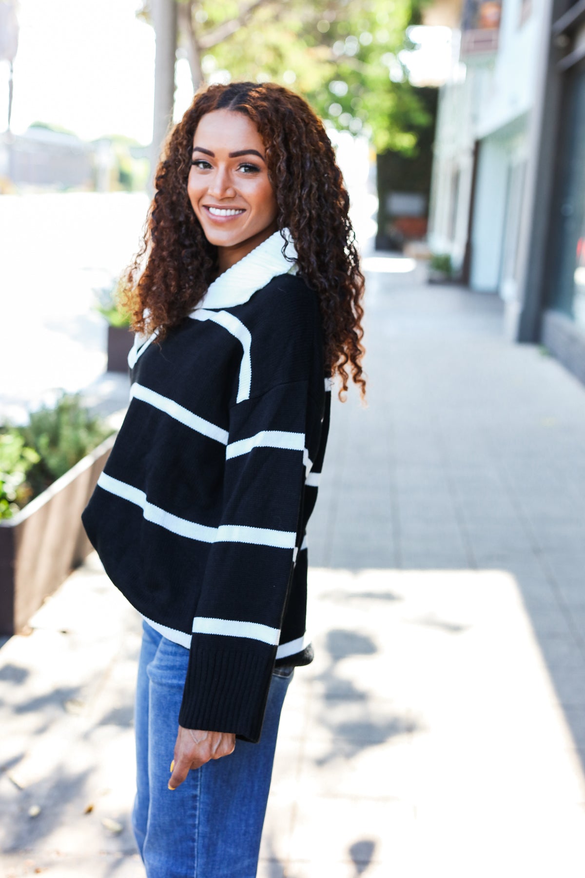 Makes You Wonder Striped Collared Sweater • Black