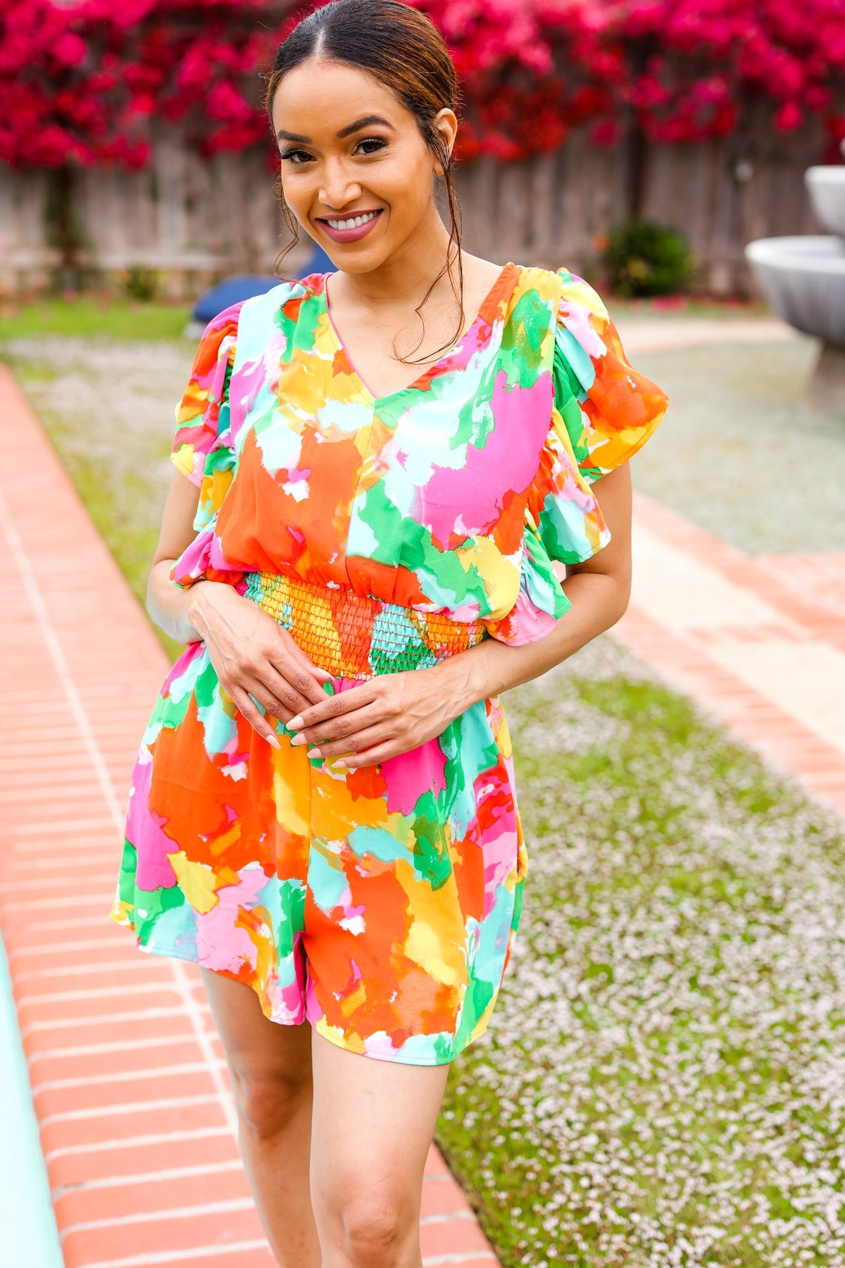 Under The Sun Abstract Floral Flutter Sleeve Romper