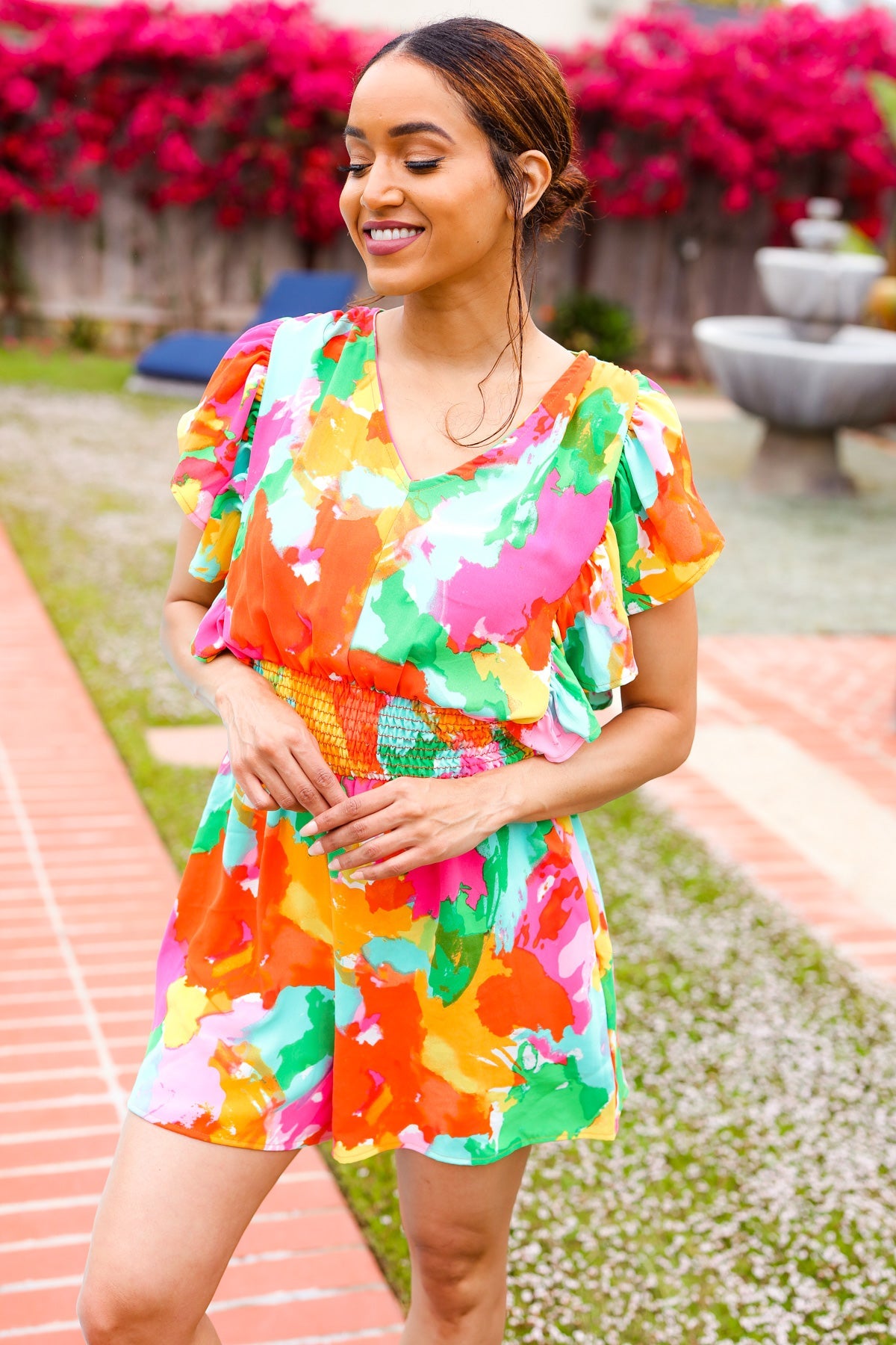 Under The Sun Abstract Floral Flutter Sleeve Romper