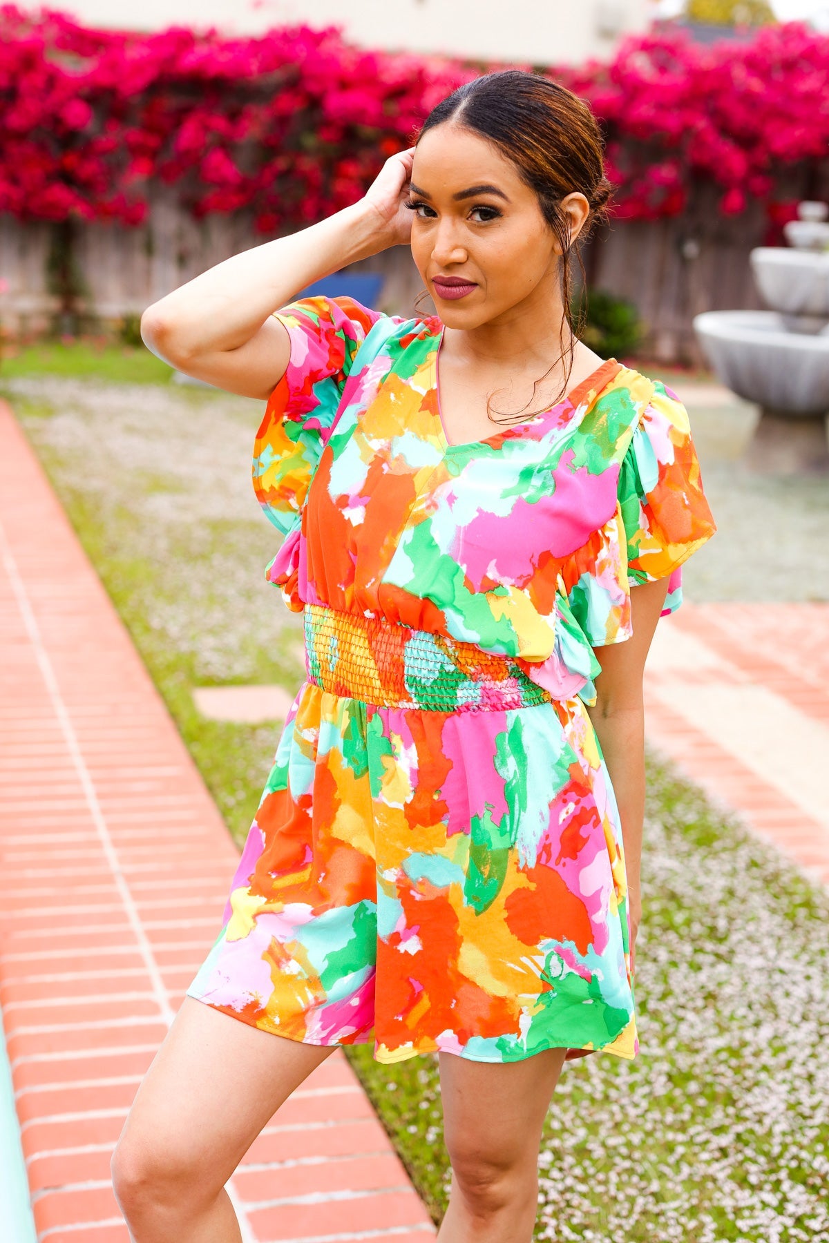 Under The Sun Abstract Floral Flutter Sleeve Romper