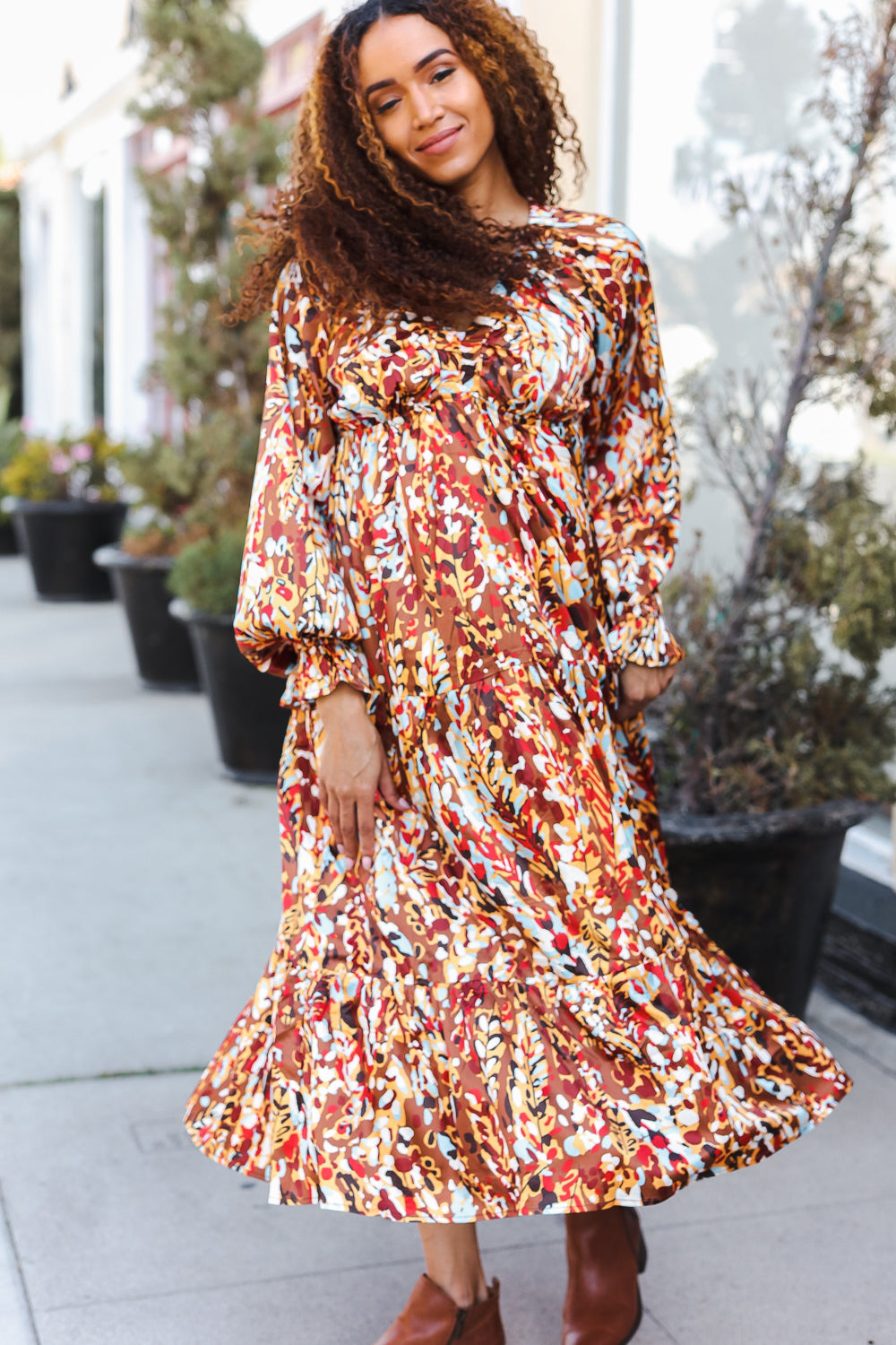 Make You Smile Floral Print V Neck Satin Maxi Dress