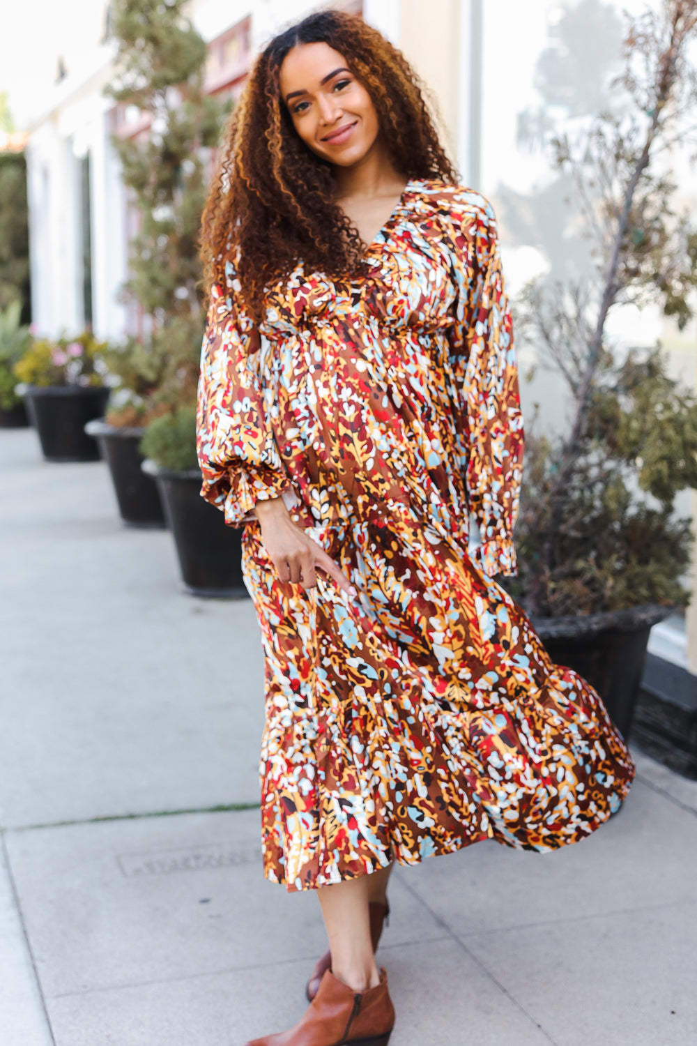 Make You Smile Floral Print V Neck Satin Maxi Dress