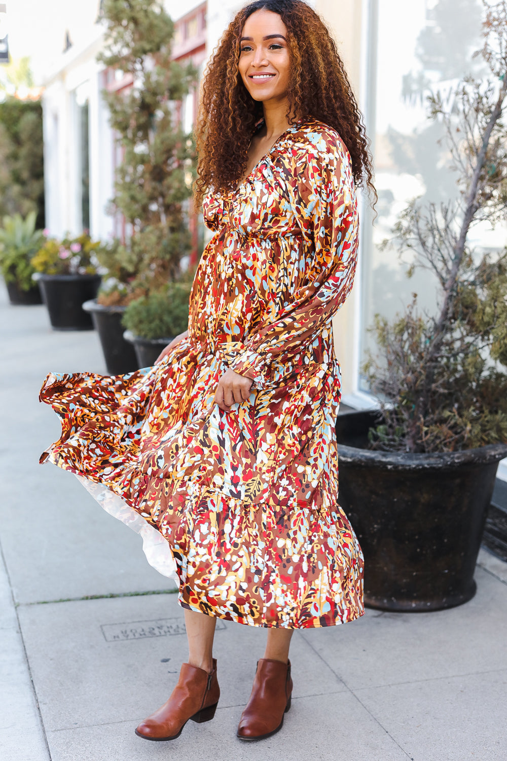 Make You Smile Floral Print V Neck Satin Maxi Dress