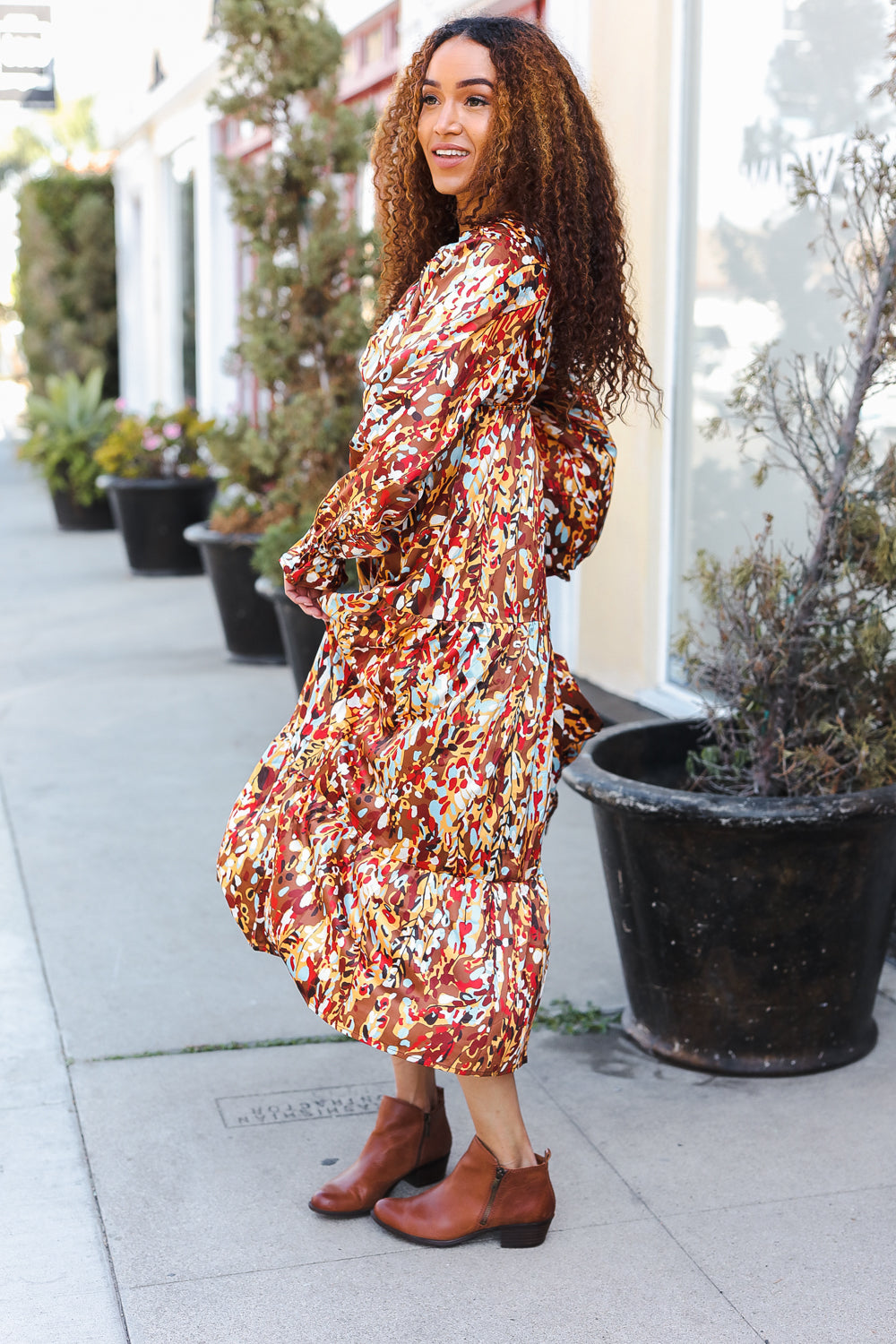 Make You Smile Floral Print V Neck Satin Maxi Dress