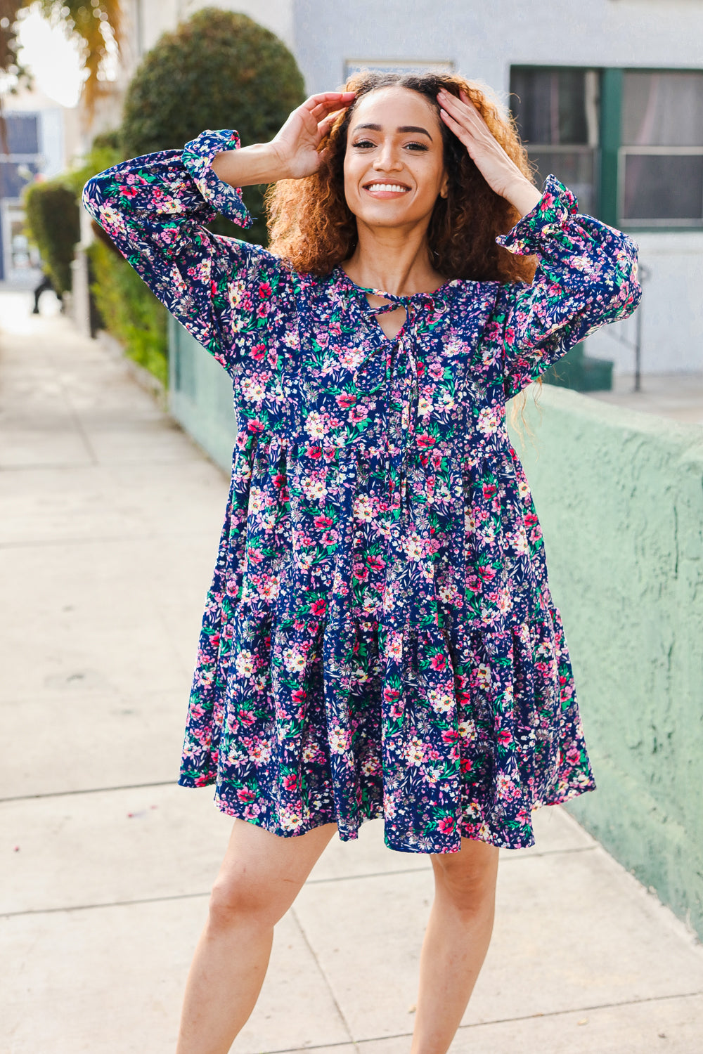 Back In Town Floral Bow Tie Babydoll Ruffle Sleeve Dress