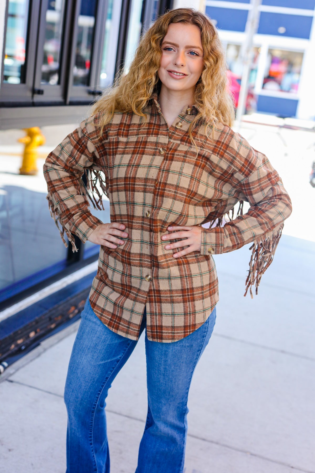 So Many Likes Plaid Fringe Button Down Shacket • Taupe & Rust