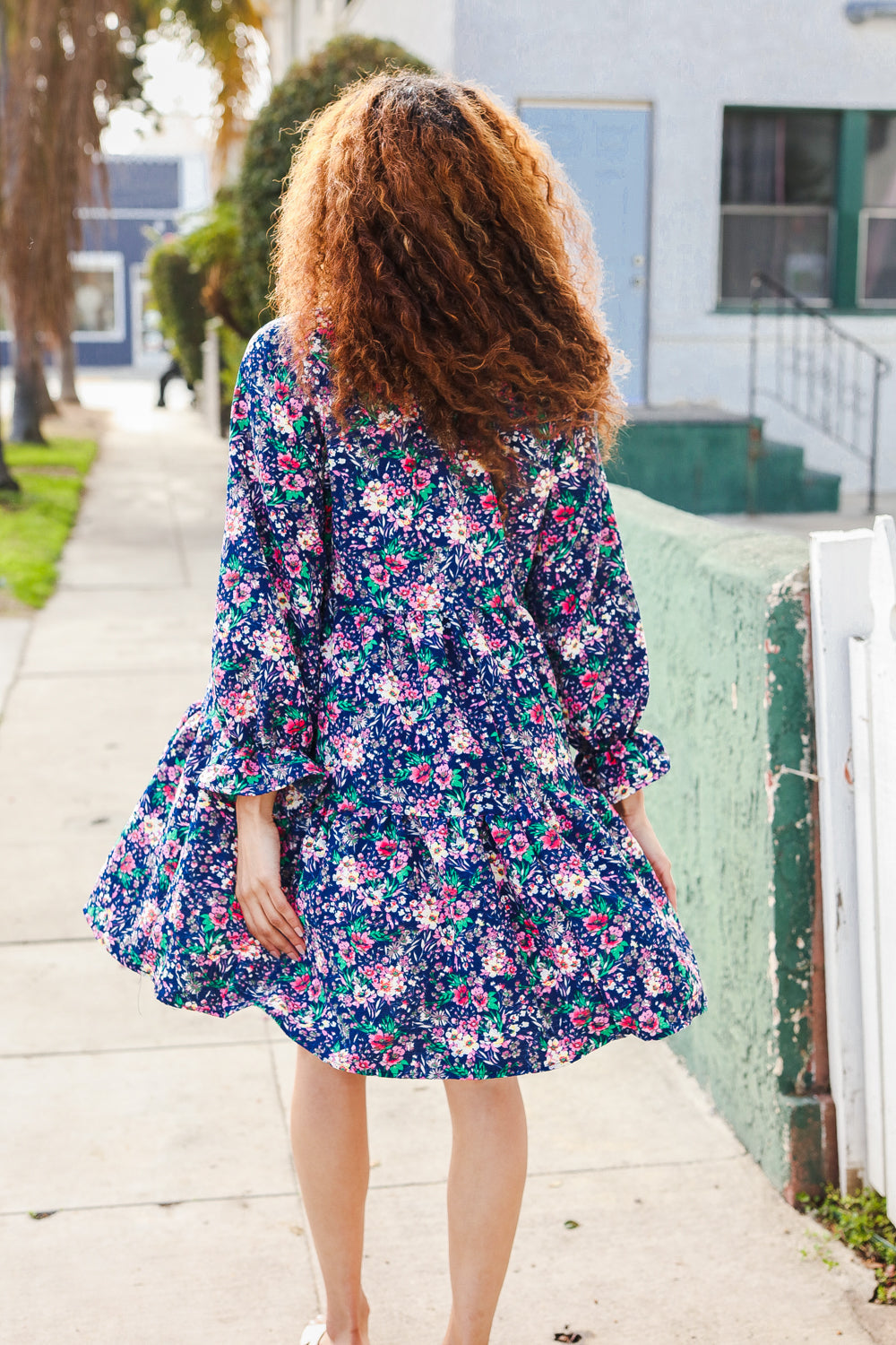 Back In Town Floral Bow Tie Babydoll Ruffle Sleeve Dress