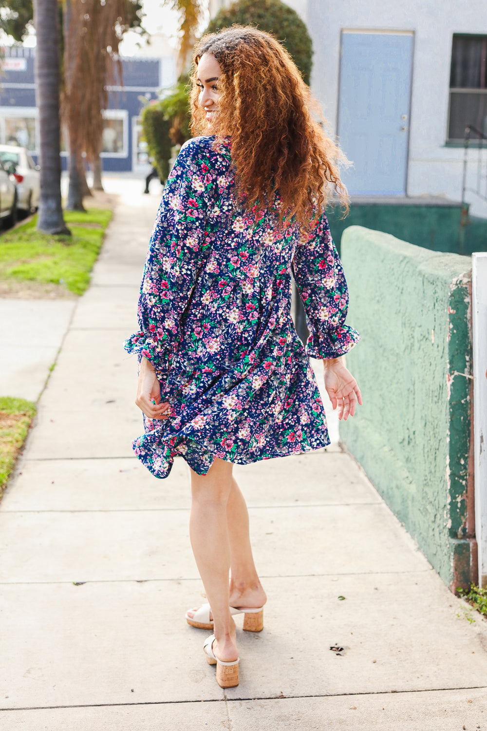 Back In Town Floral Bow Tie Babydoll Ruffle Sleeve Dress