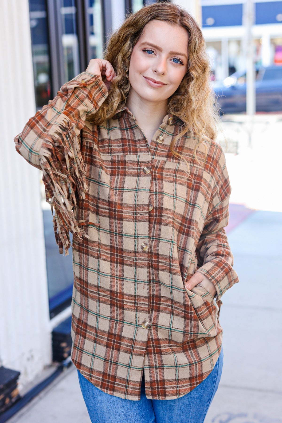 So Many Likes Plaid Fringe Button Down Shacket • Taupe & Rust