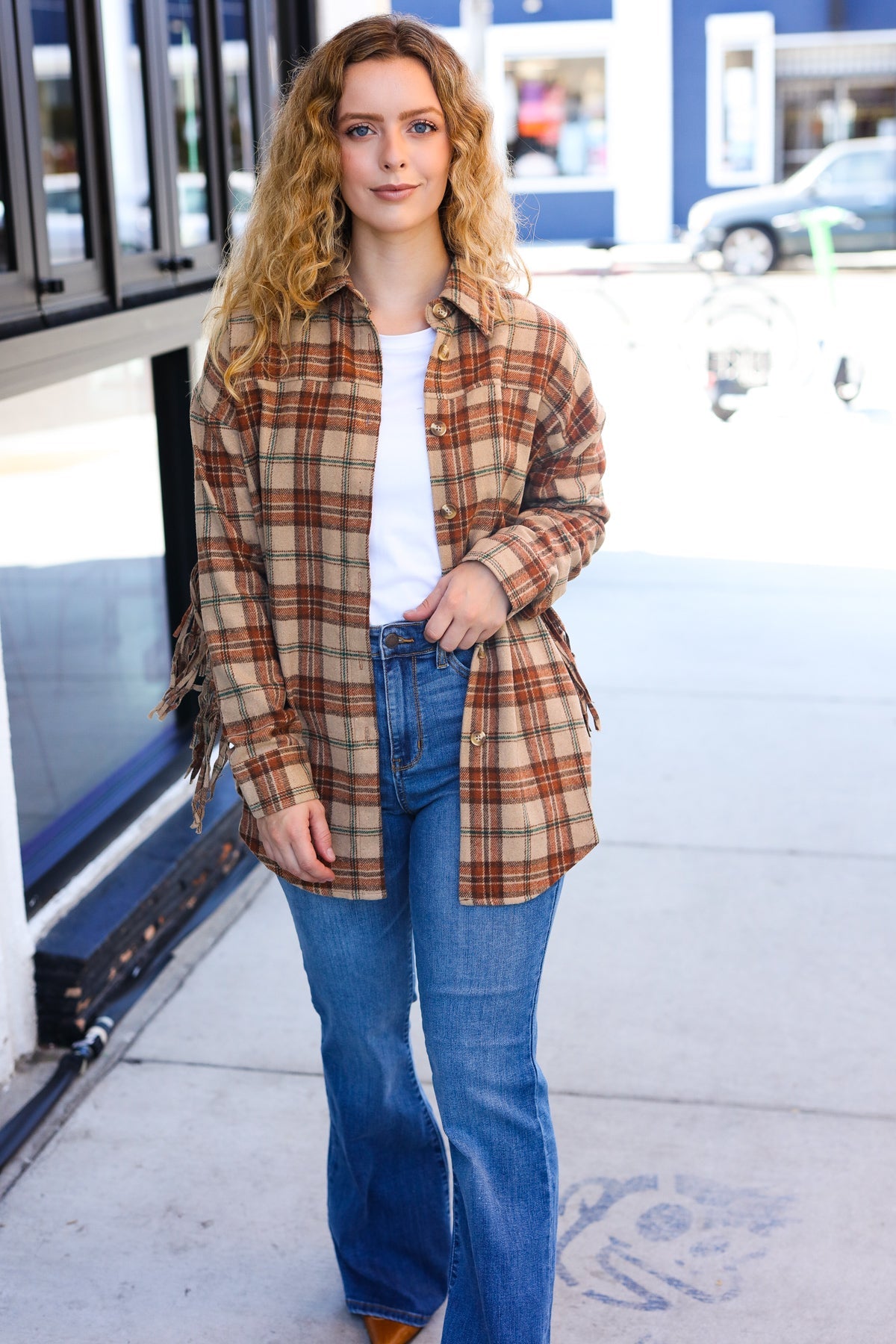 So Many Likes Plaid Fringe Button Down Shacket • Taupe & Rust