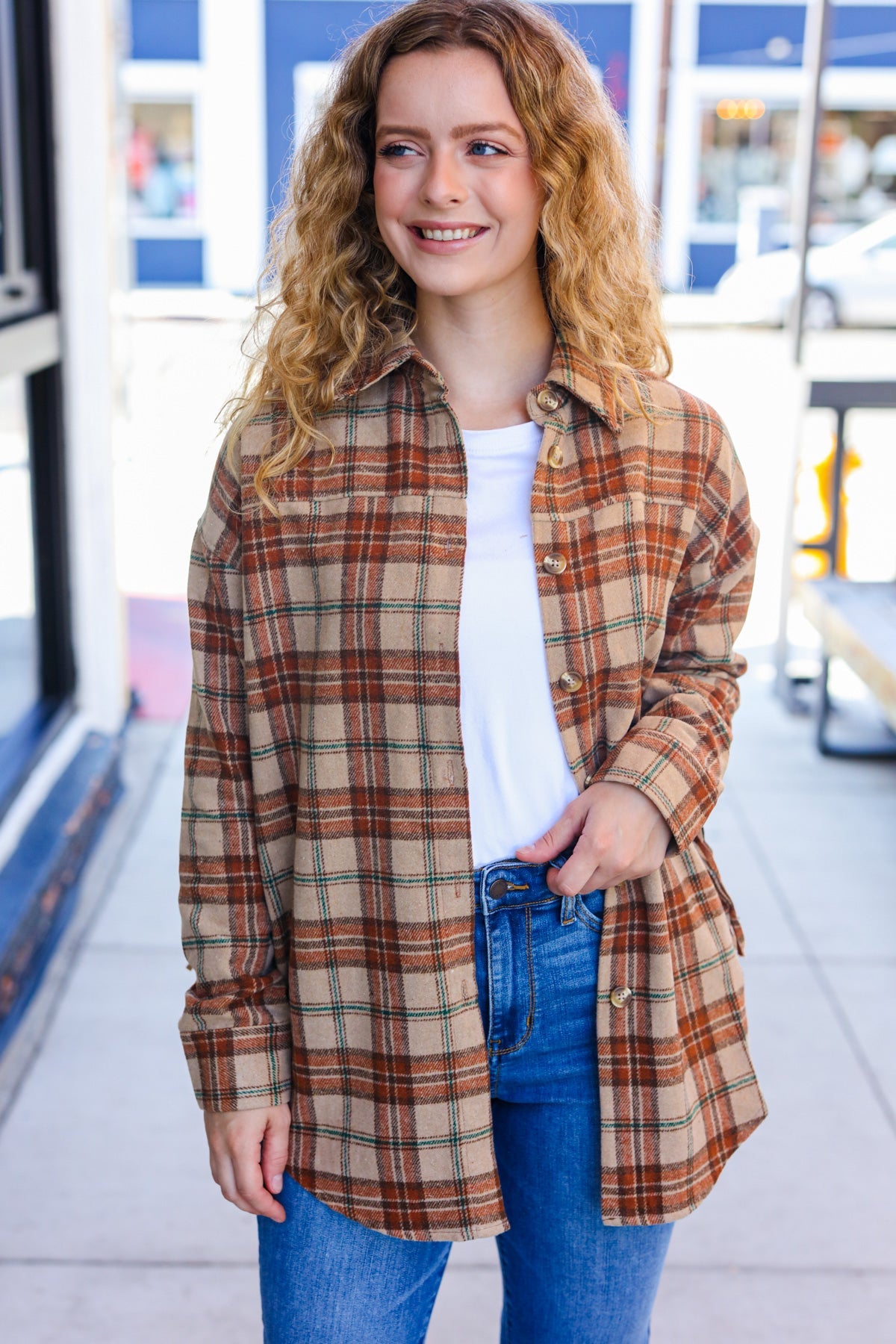 So Many Likes Plaid Fringe Button Down Shacket • Taupe & Rust