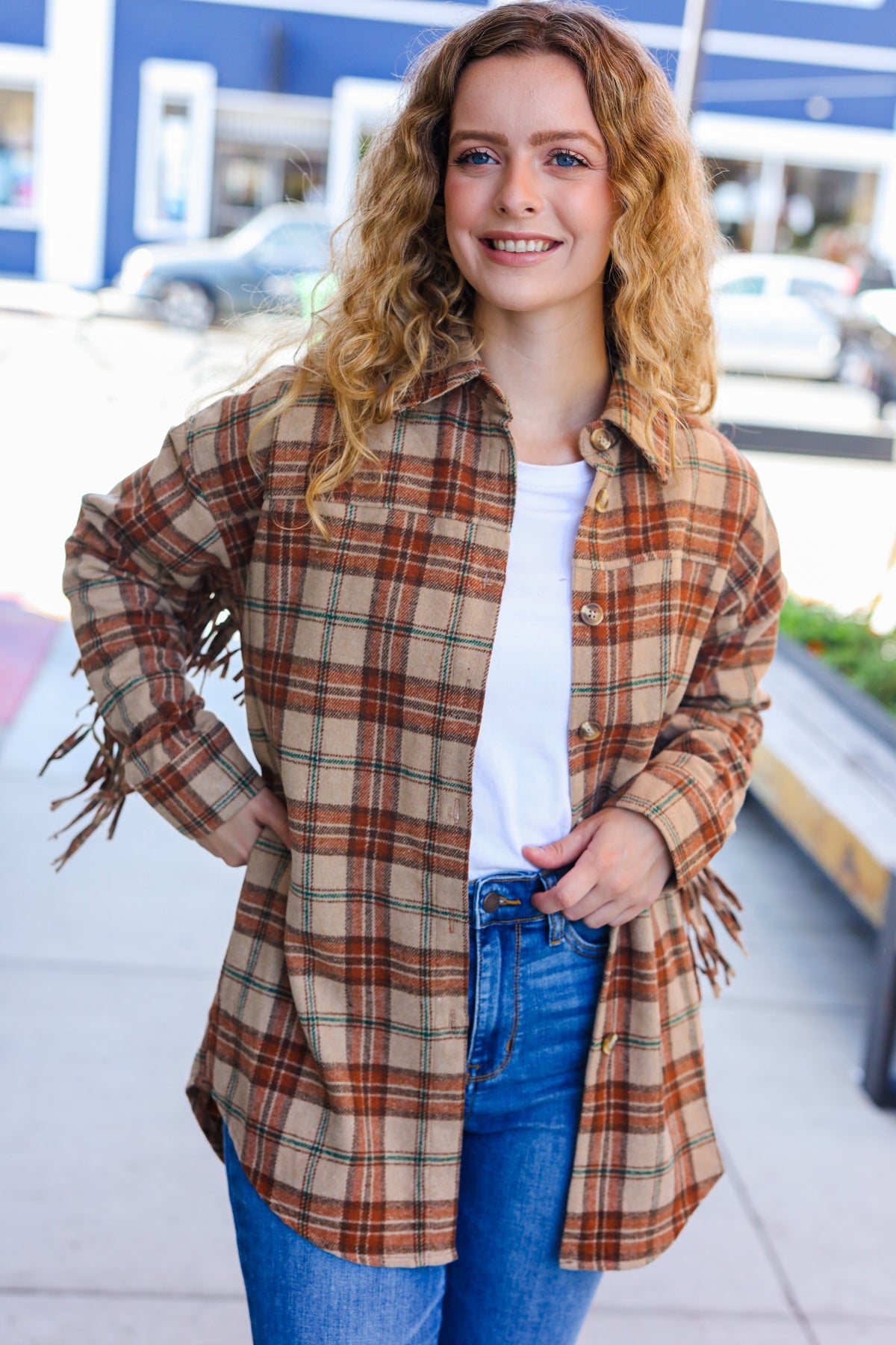 So Many Likes Plaid Fringe Button Down Shacket • Taupe & Rust