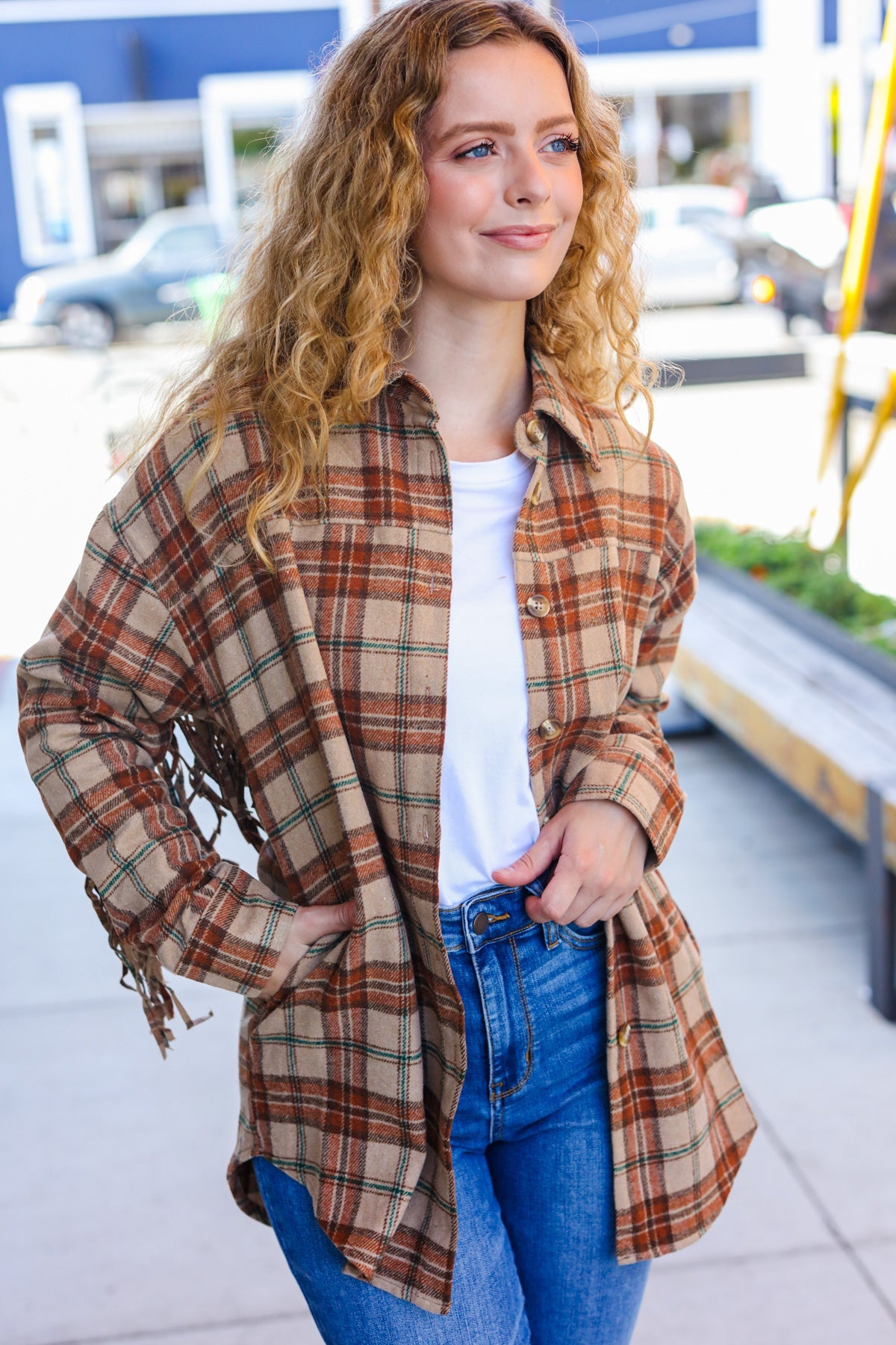 So Many Likes Plaid Fringe Button Down Shacket • Taupe & Rust