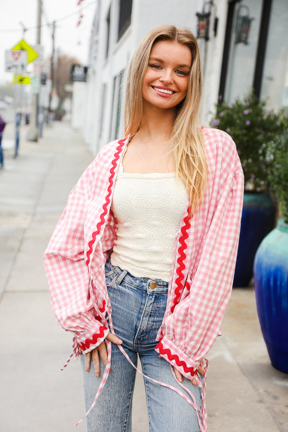 Spell Bound Cotton Ribbon Tie Gingham Pocket Jacket