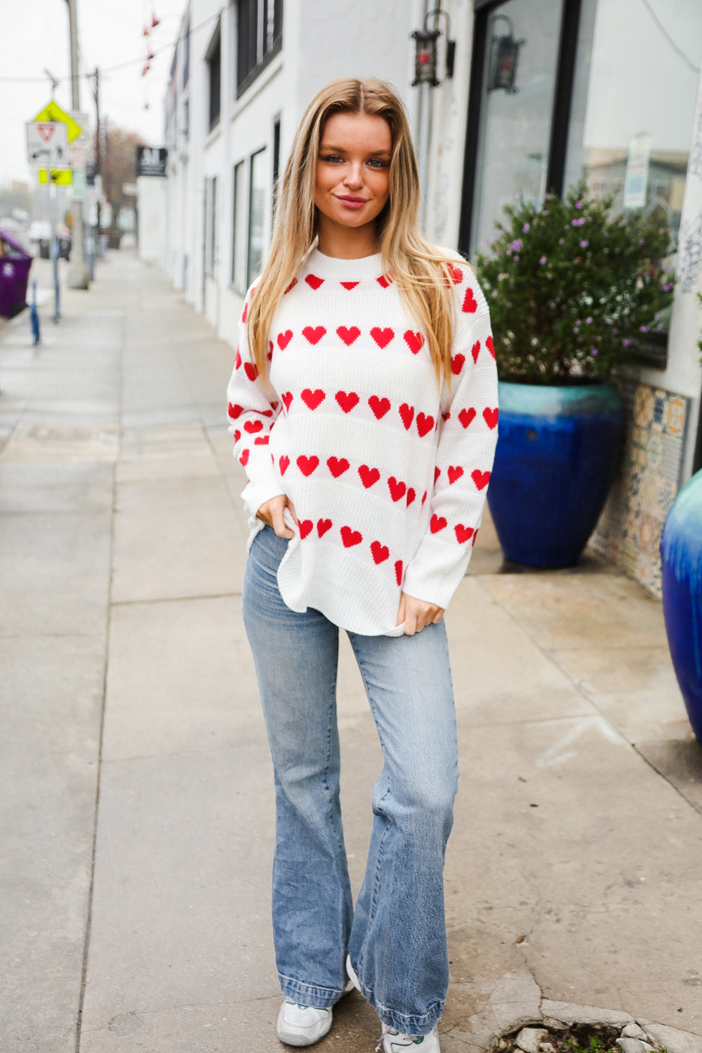 Our Time Jacquard Heart Stripe Pullover Sweater