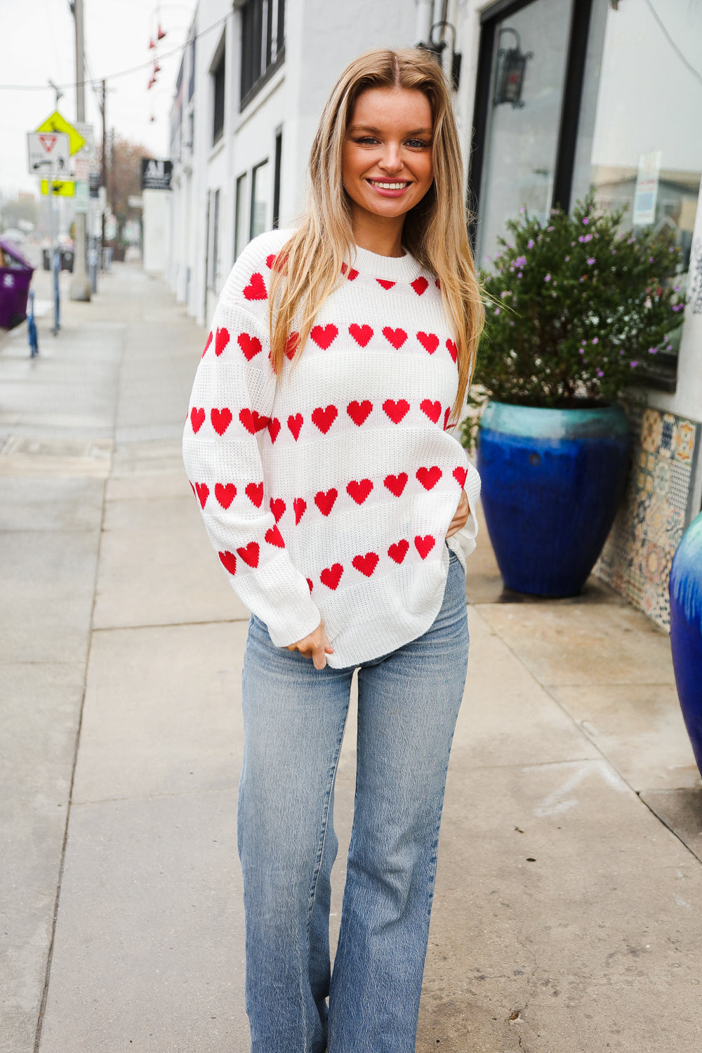 Our Time Jacquard Heart Stripe Pullover Sweater