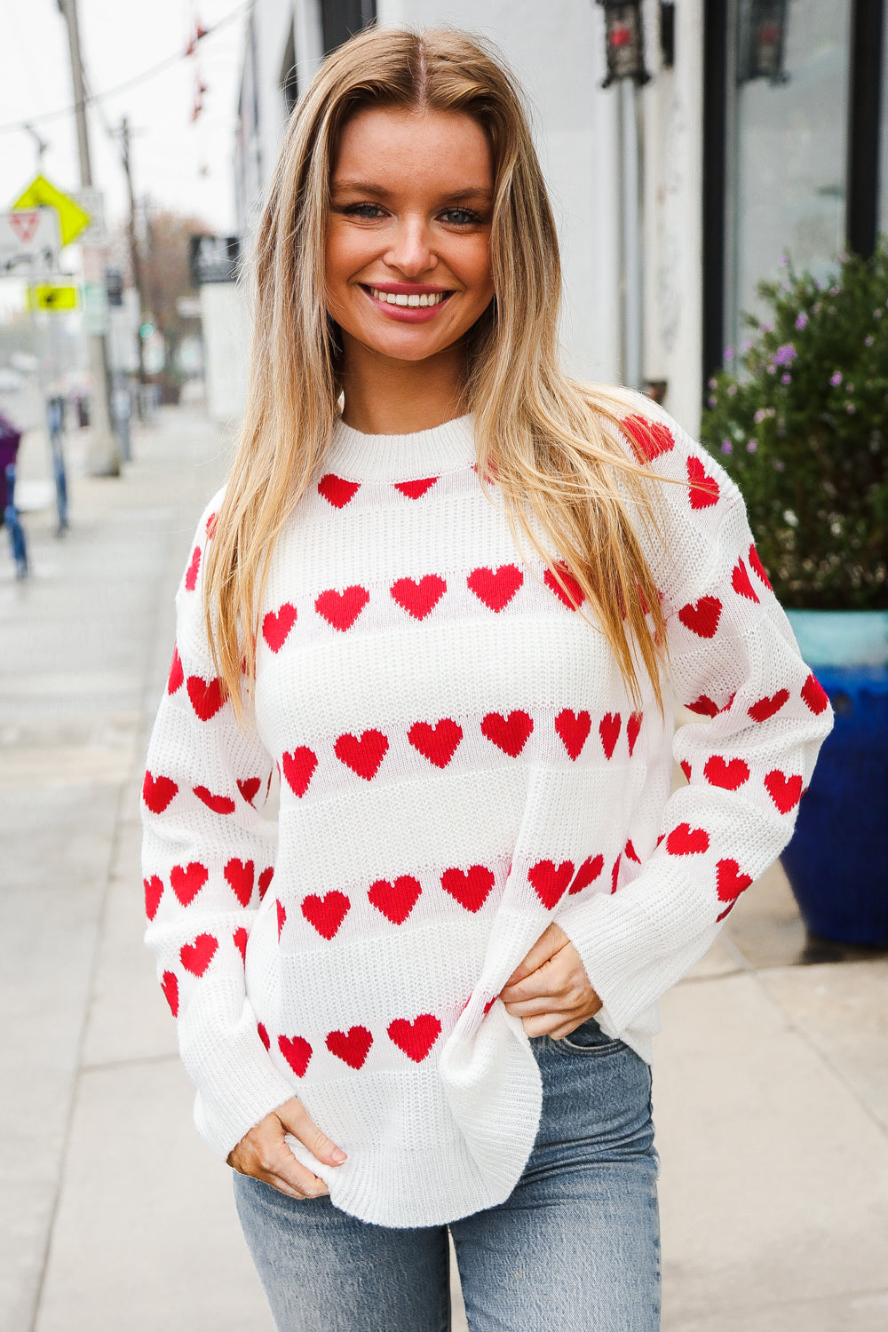 Our Time Jacquard Heart Stripe Pullover Sweater