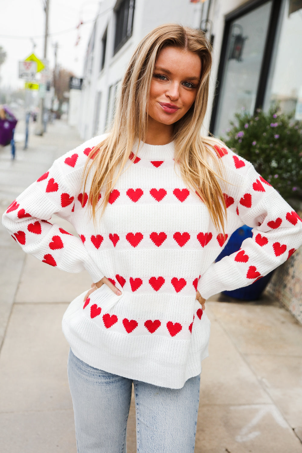 Our Time Jacquard Heart Stripe Pullover Sweater