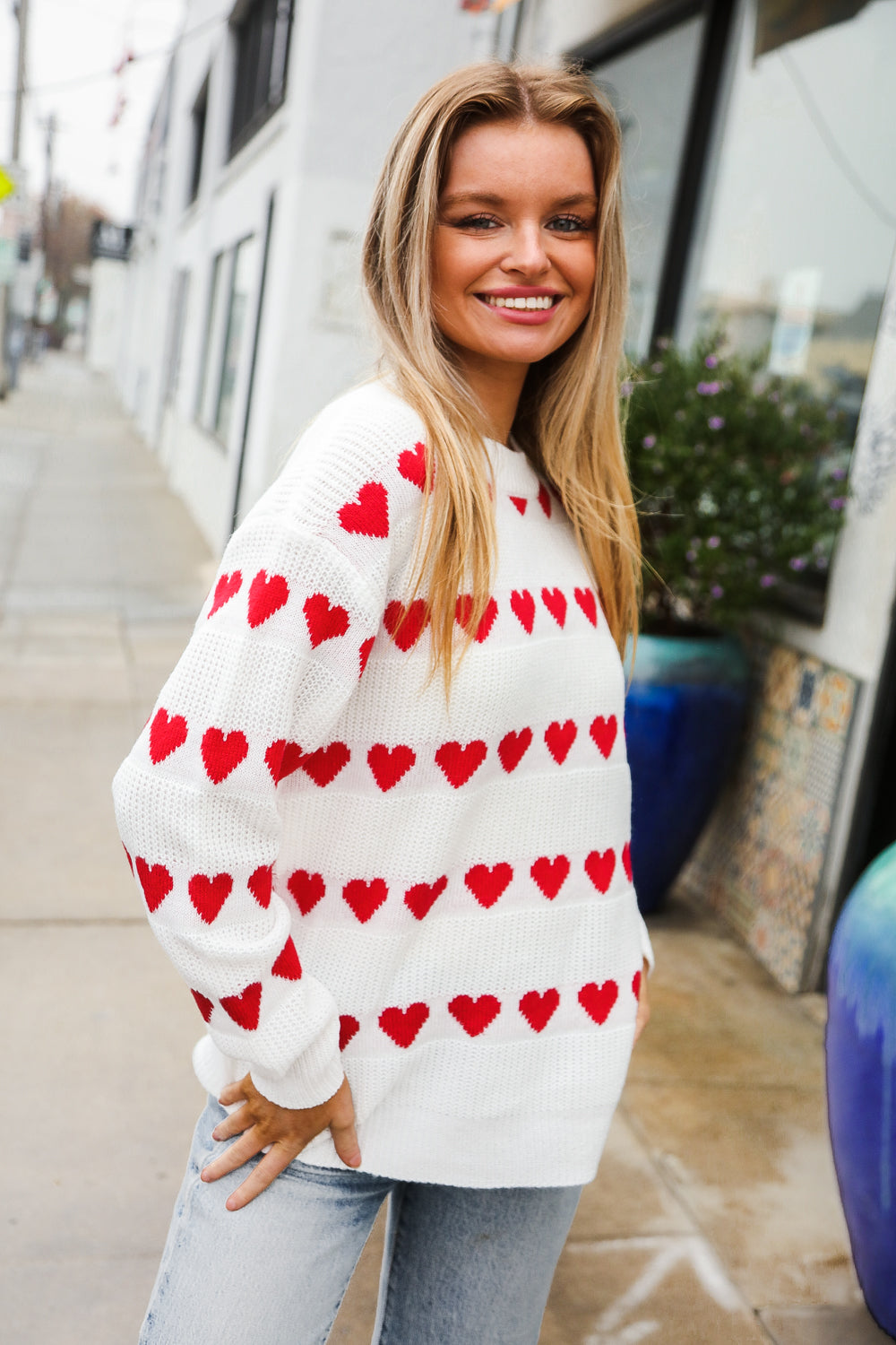 Our Time Jacquard Heart Stripe Pullover Sweater