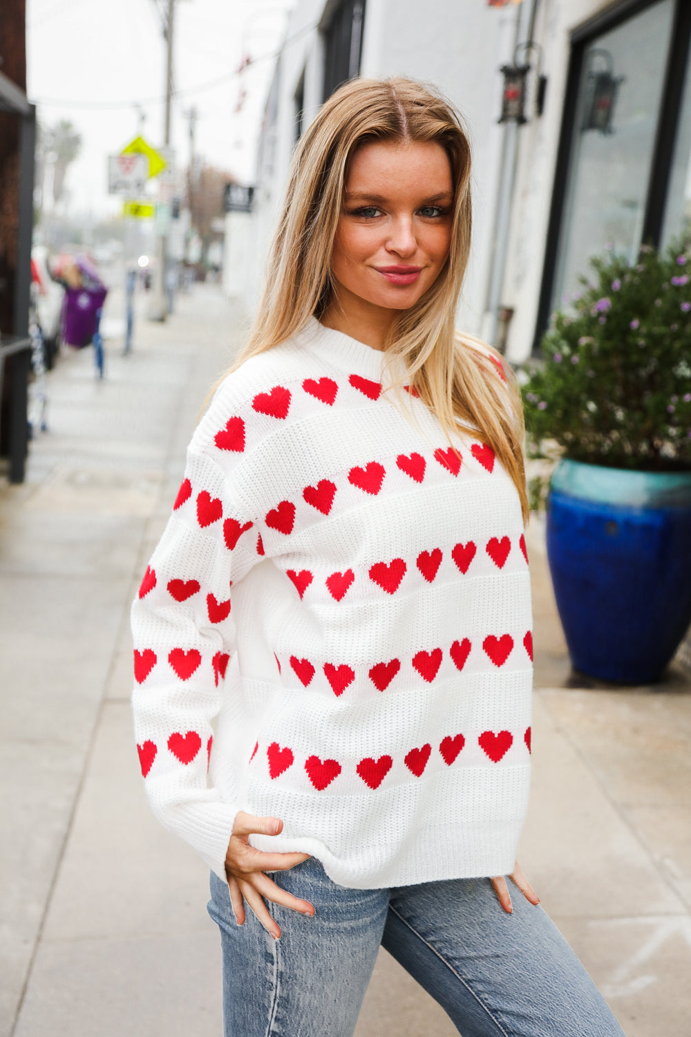 Our Time Jacquard Heart Stripe Pullover Sweater