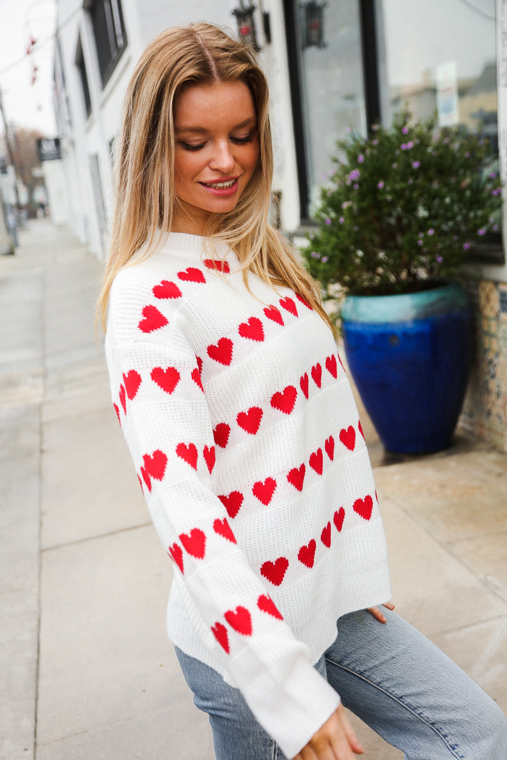 Our Time Jacquard Heart Stripe Pullover Sweater