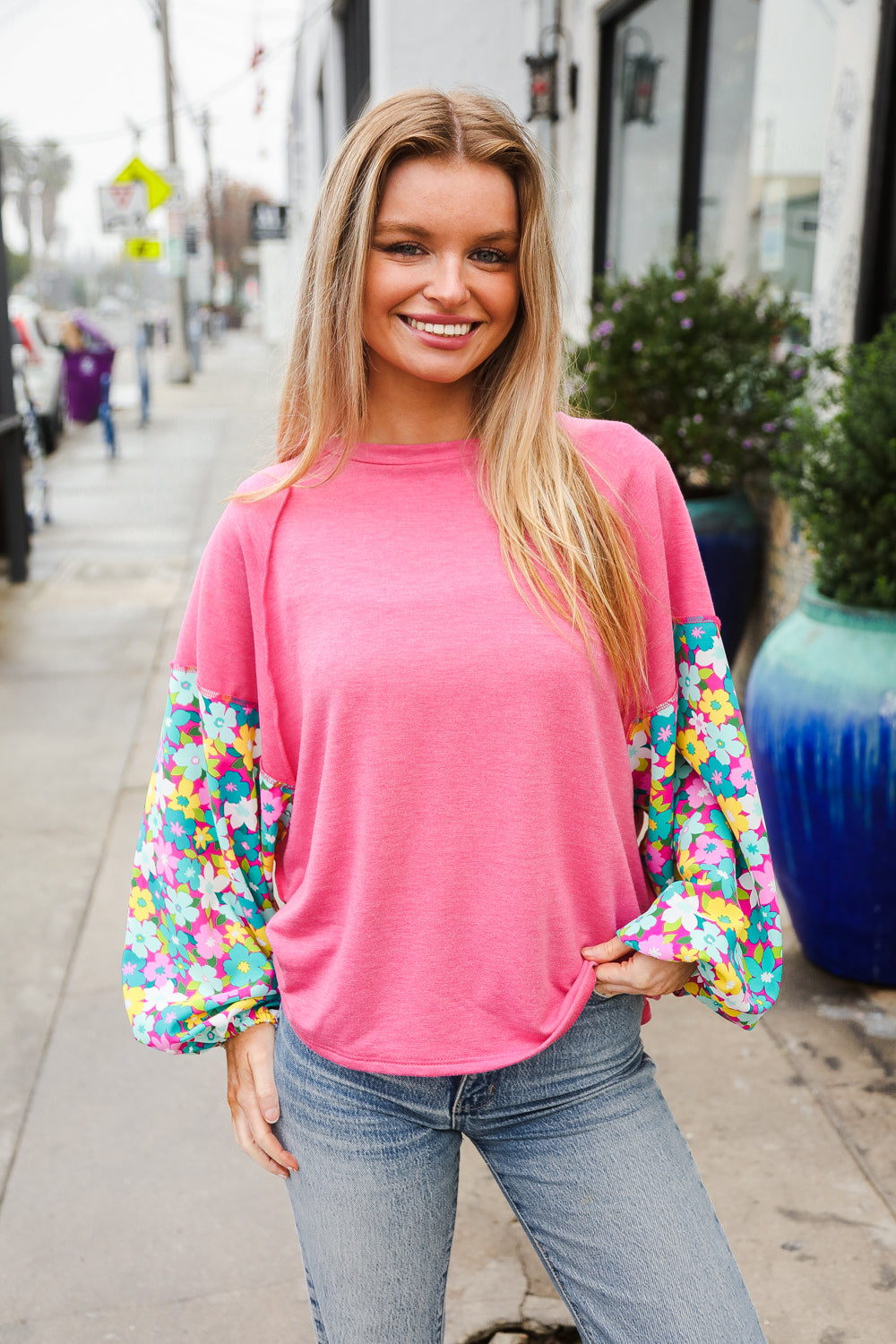 Meet Again Floral Bubble Sleeve French Terry Pullover