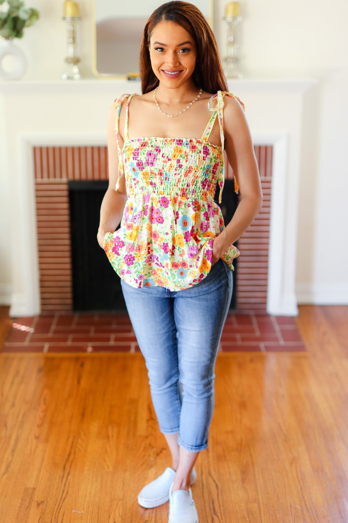 Sunny Days Floral Print Smocked Top • Yellow