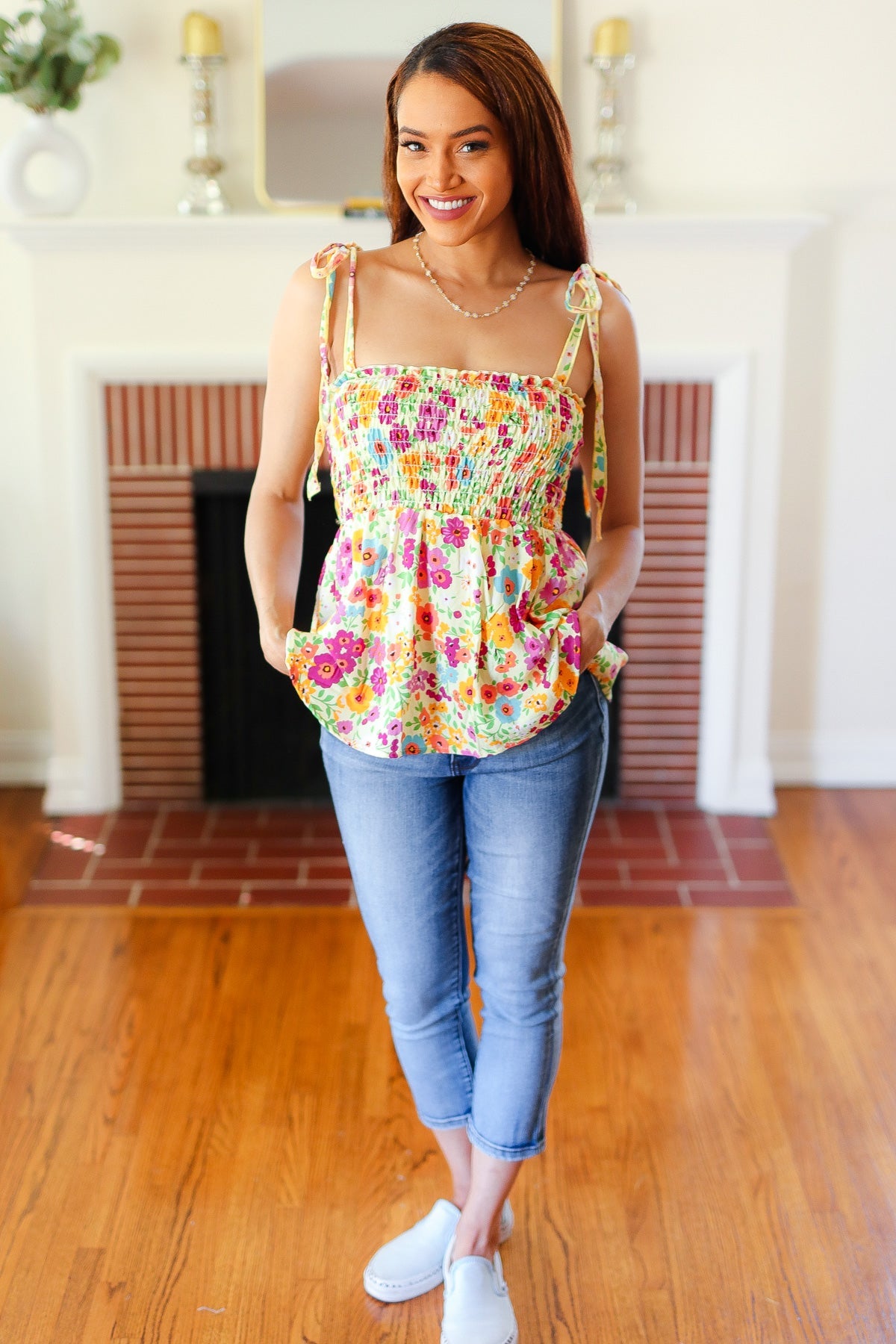 Sunny Days Floral Print Smocked Top • Yellow