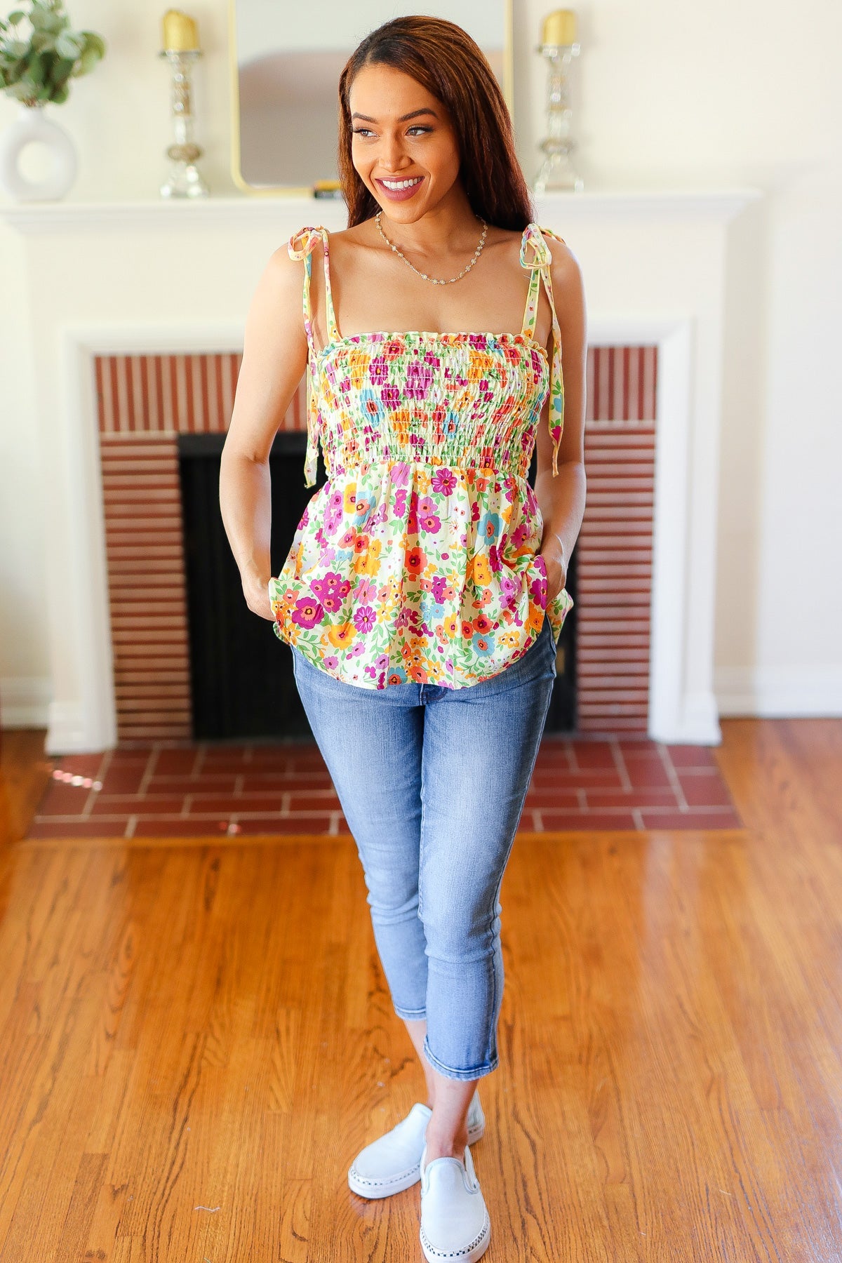 Sunny Days Floral Print Smocked Top • Yellow