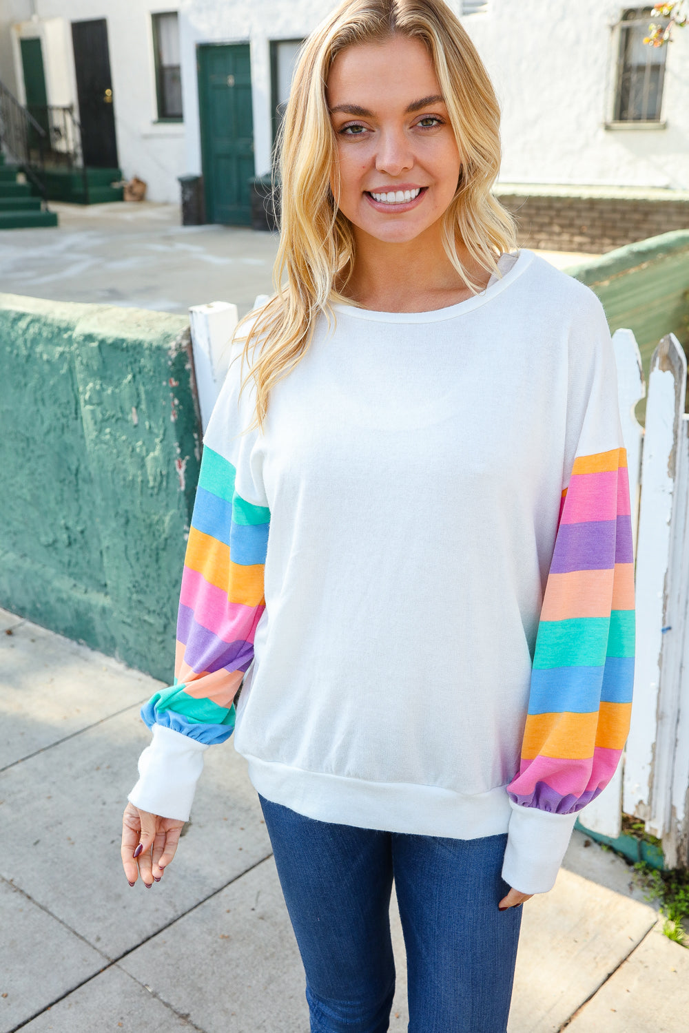 Big Love Striped Sleeve Hacci Knit Pullover