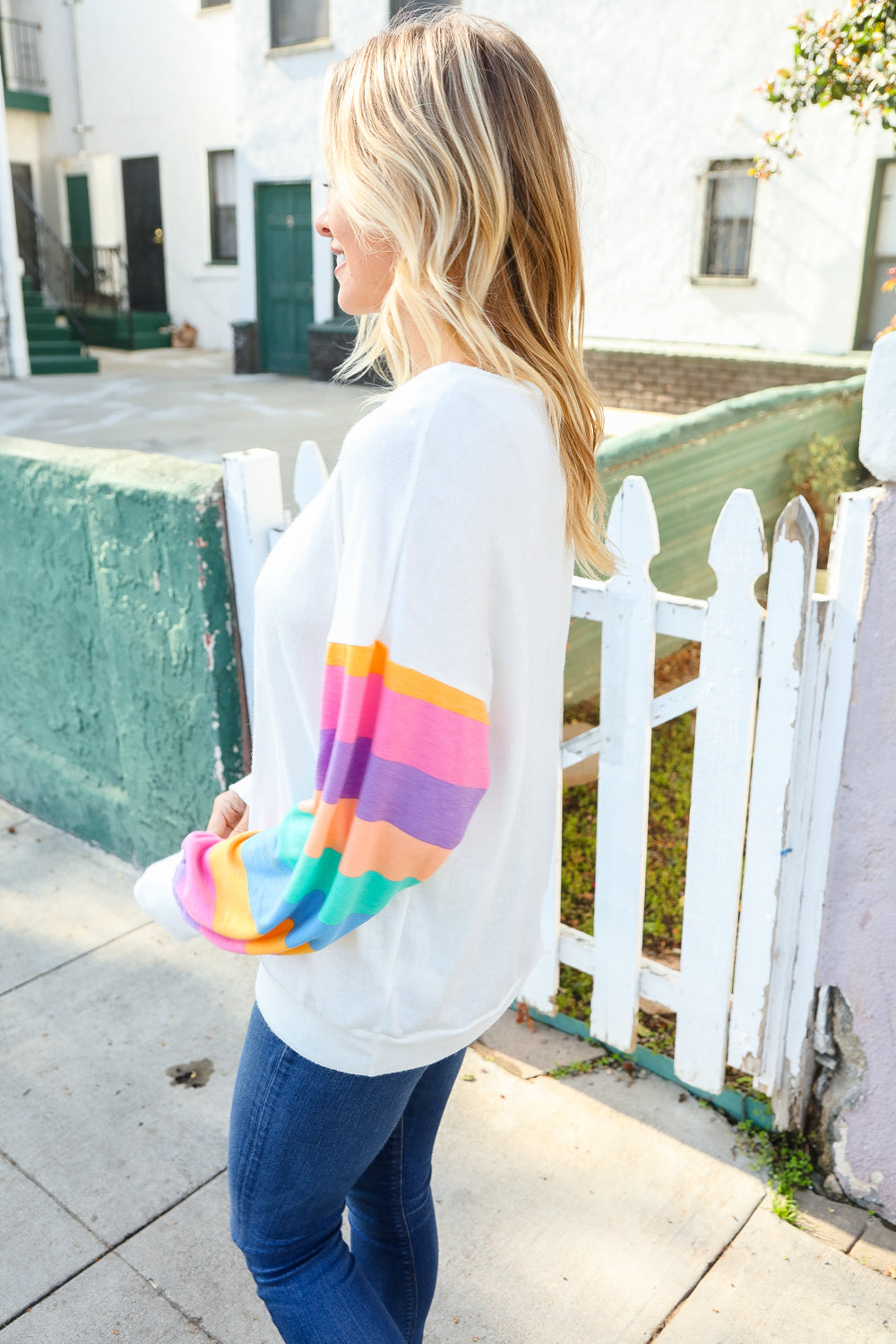 Big Love Striped Sleeve Hacci Knit Pullover