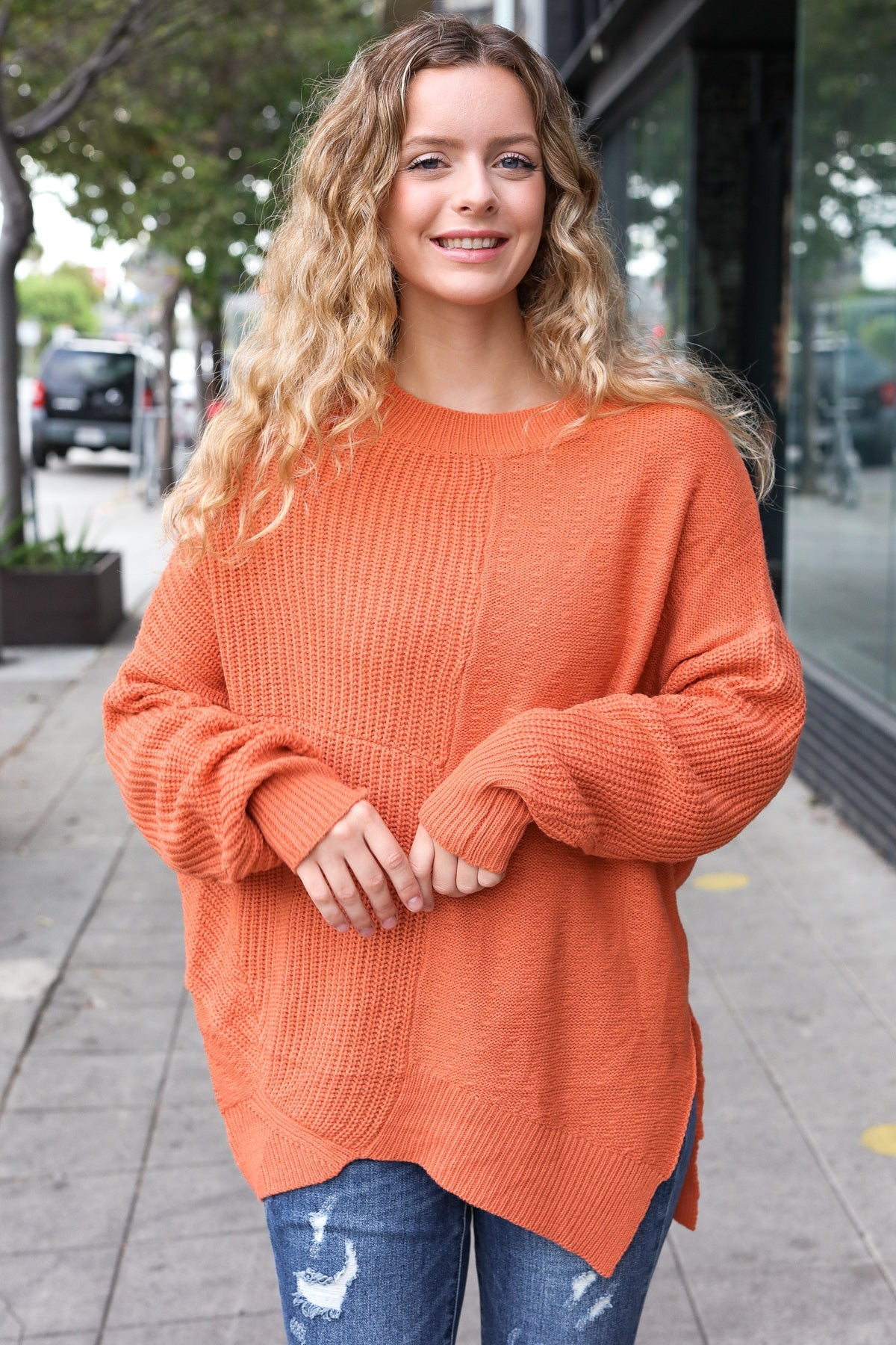 Suddenly Fine Asymmetrical Knit Sweater • Pumpkin