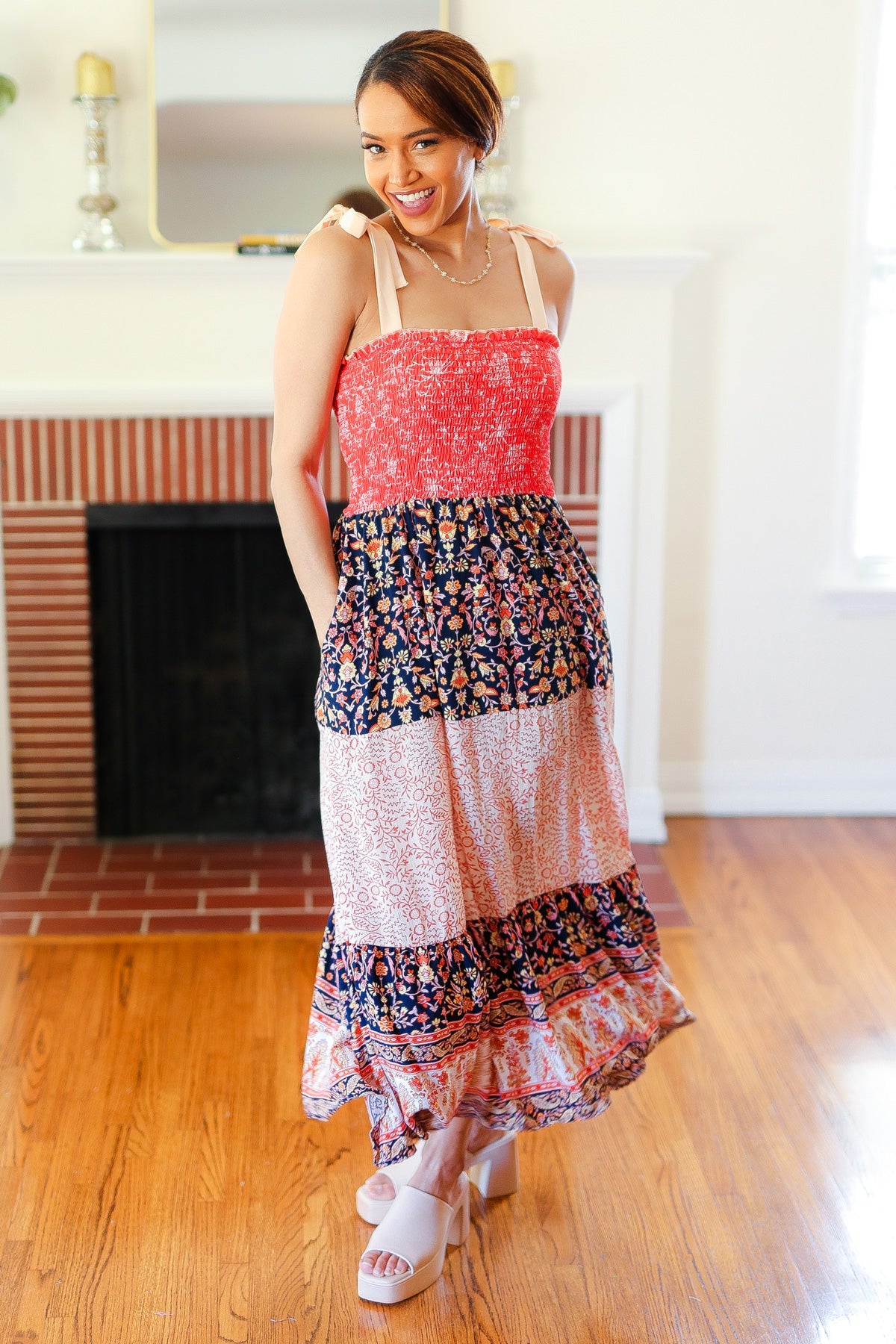 Vacay Vibes Floral Smocked Tiered Maxi Dress • Orange