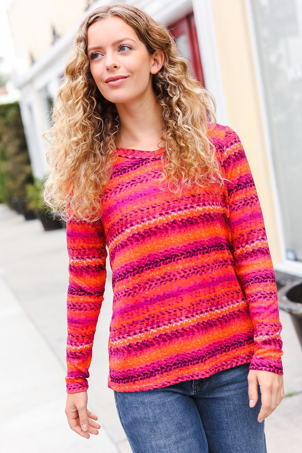 One By One Striped Cable Knit Print Hacci Top