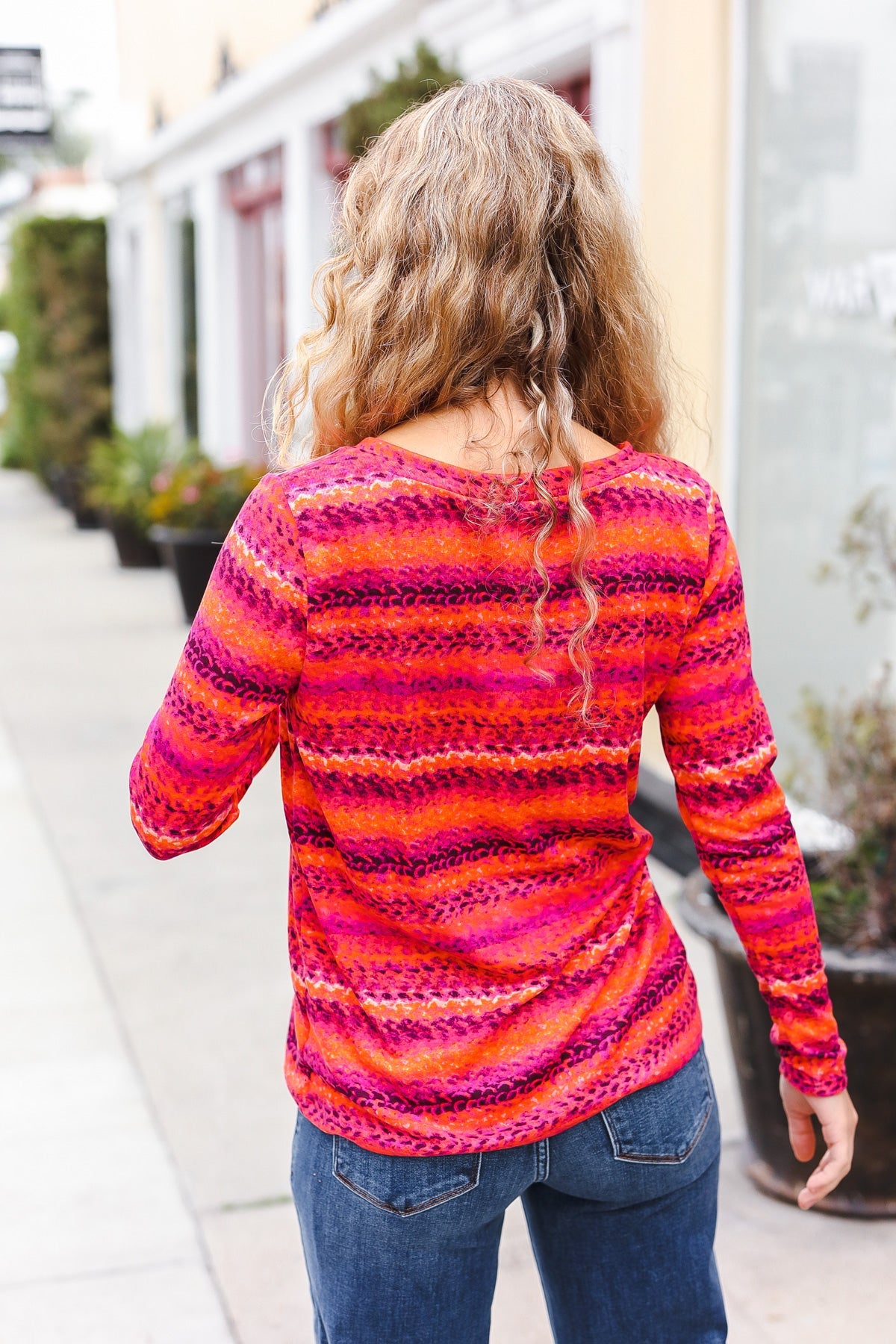 One By One Striped Cable Knit Print Hacci Top