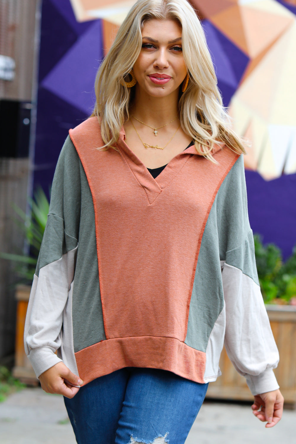 I’m Falling Collared Terry Color Block Top