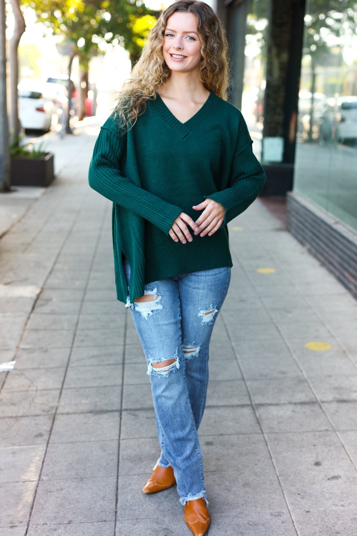 Daydream V Neck Rib Knit Sweater • Green