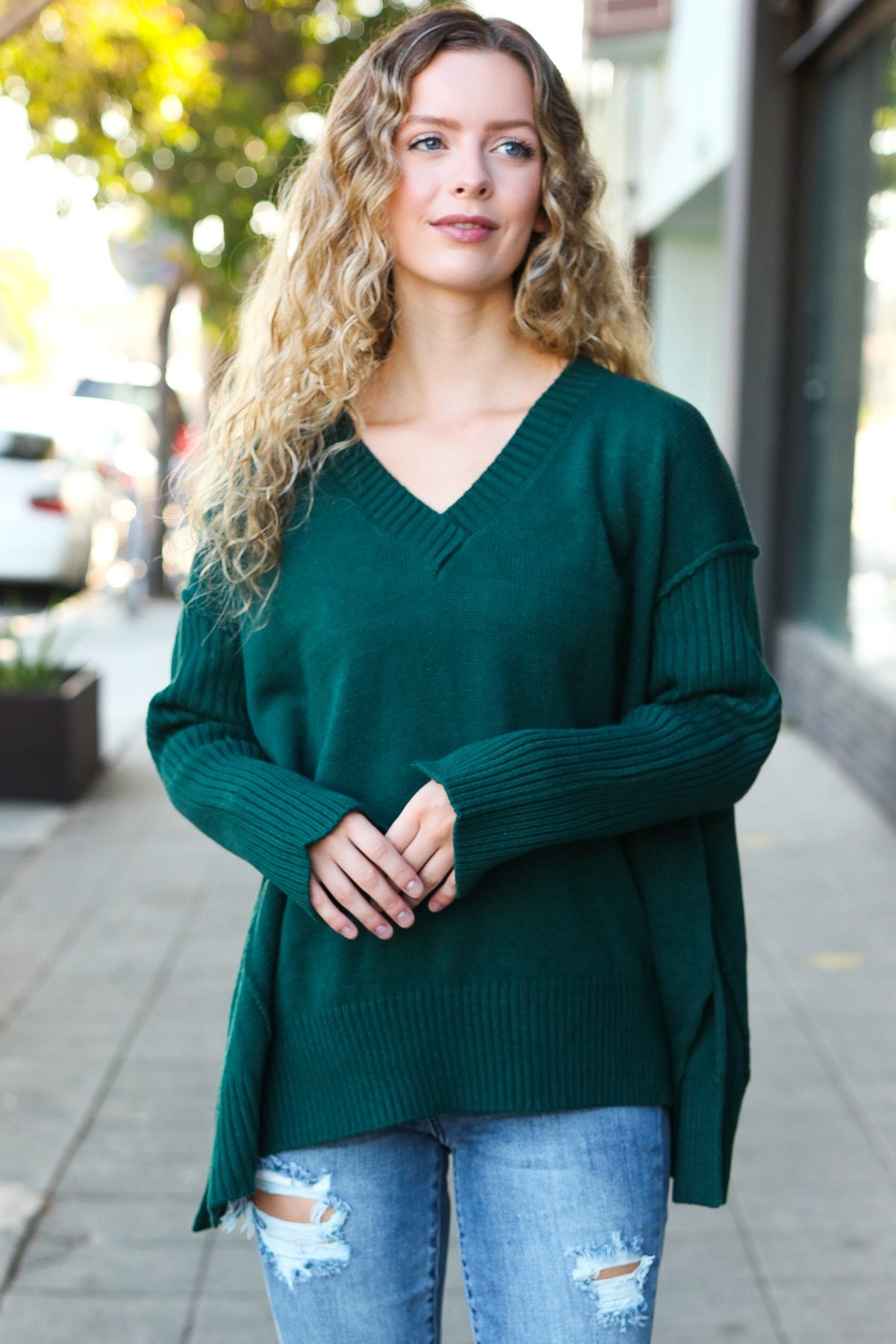 Daydream V Neck Rib Knit Sweater • Green